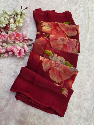 881006 Lightweight Elegant Semi Chiffon Flower Print Saree - Maroon
