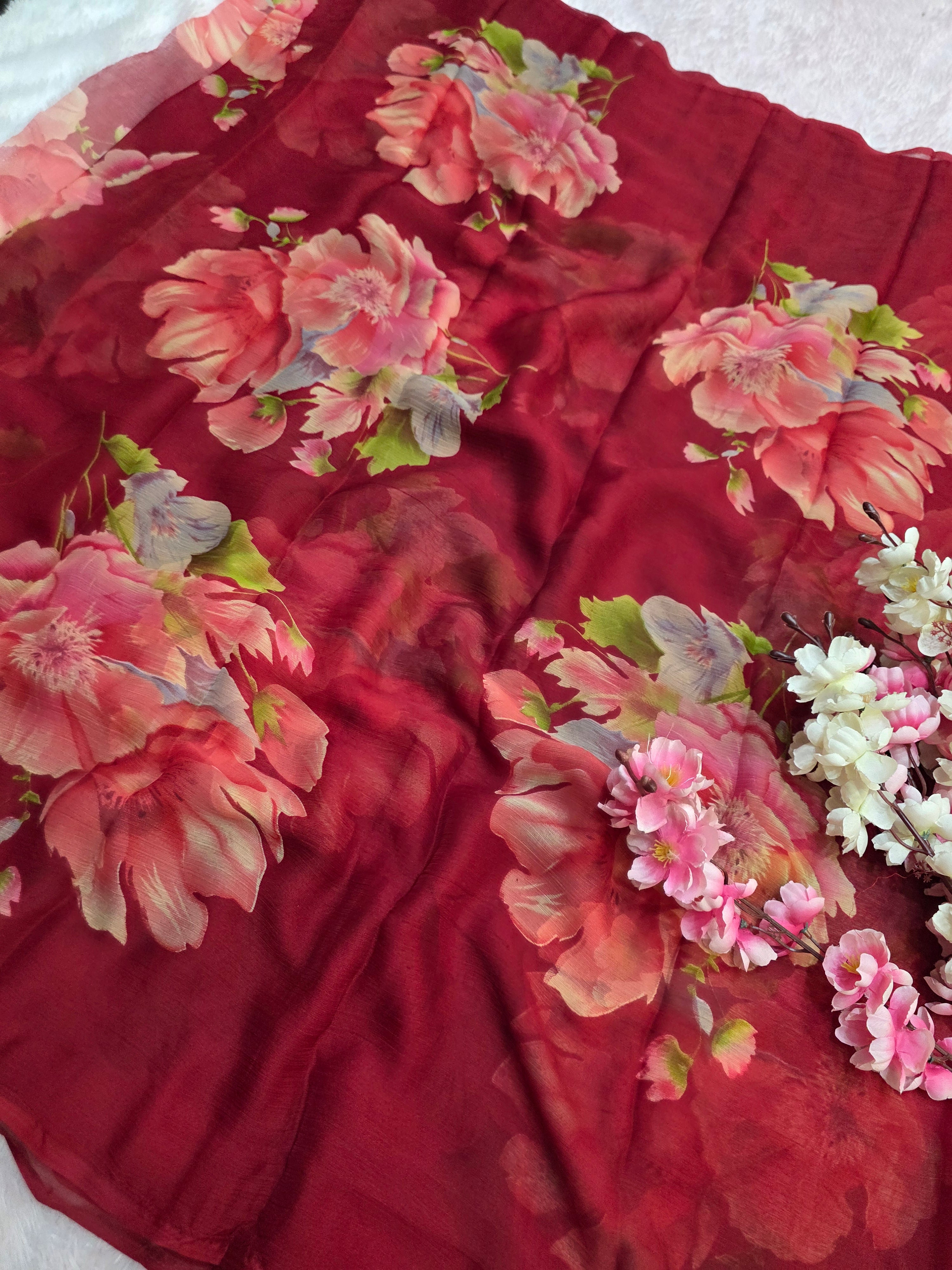 644001 एक्सक्लूसिव शिफॉन फ्लावर प्रिंट साड़ी - हरा 