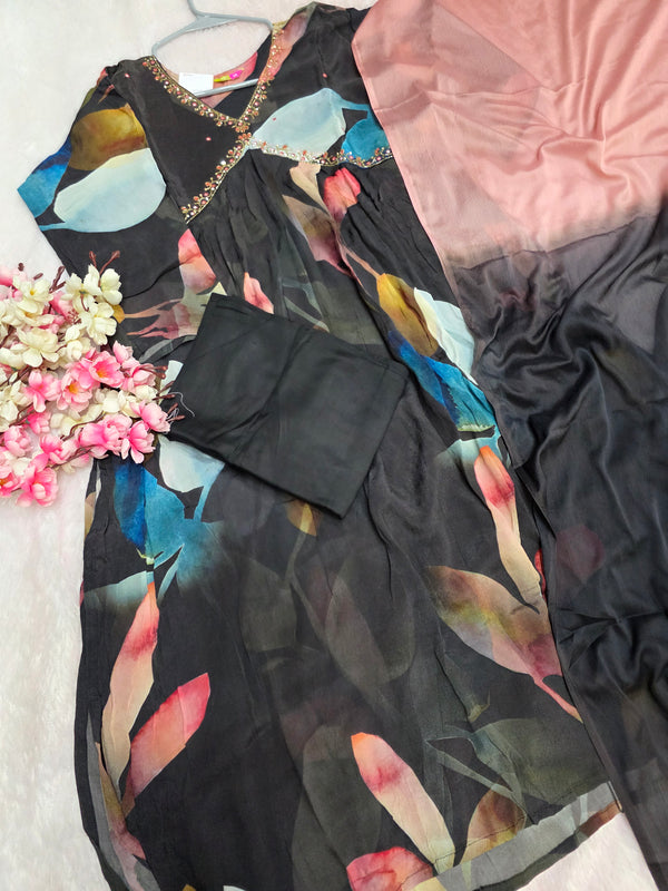 889010 Pure Chinon Silk Designer Dress With Pant and Shaded Dupatta