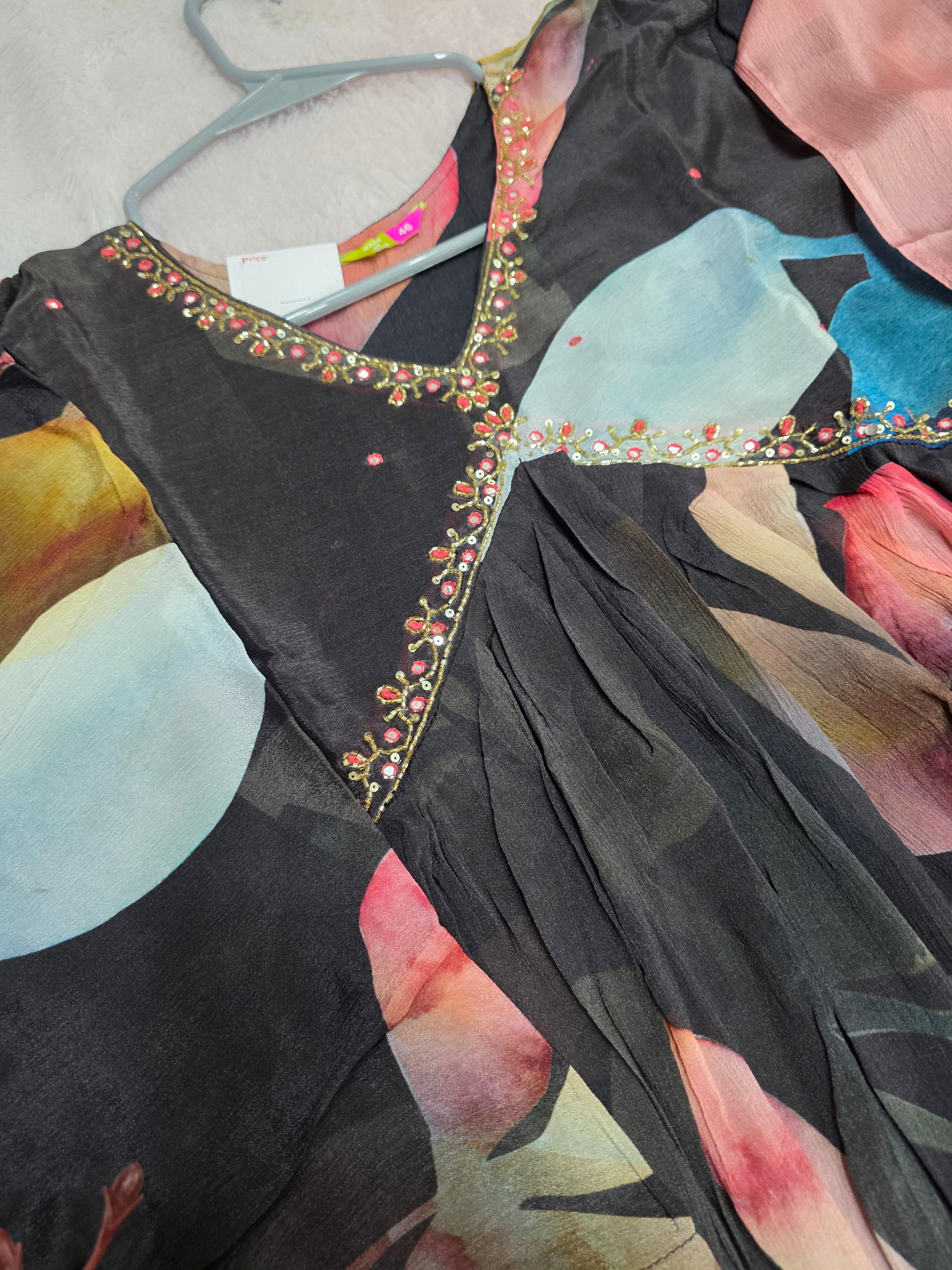 889010 Pure Chinon Silk Designer Dress With Pant and Shaded Dupatta