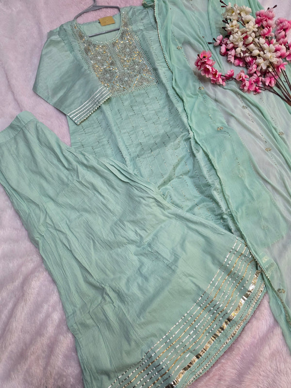 889005 Pure Chanderi Zari Embroidery Work Kurta With Palazzo and Chiffon Dupatta