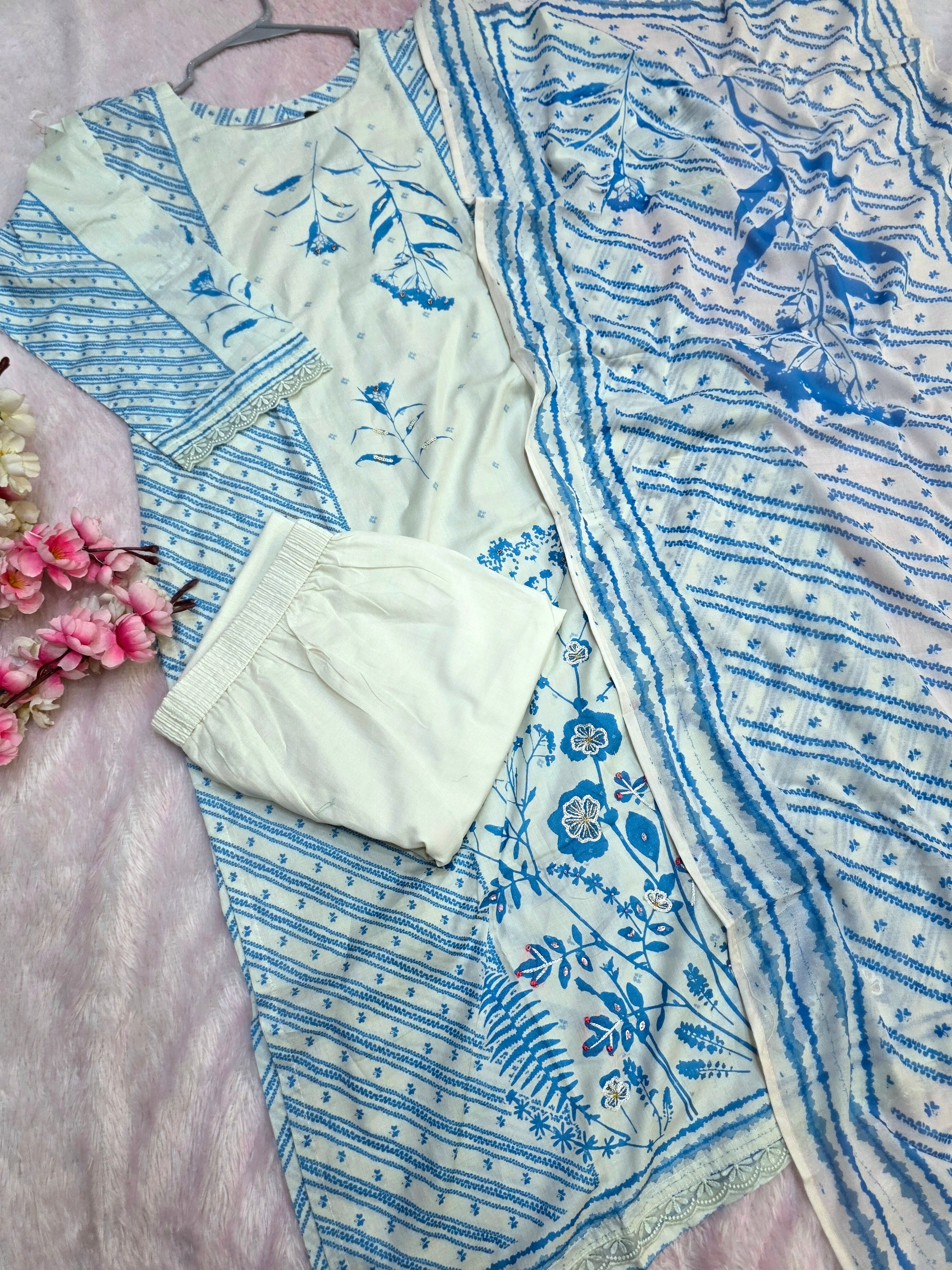 889004 Pure Malmal Cotton Hand Sequence and Embroidery Kurti with Dupatta and Pant