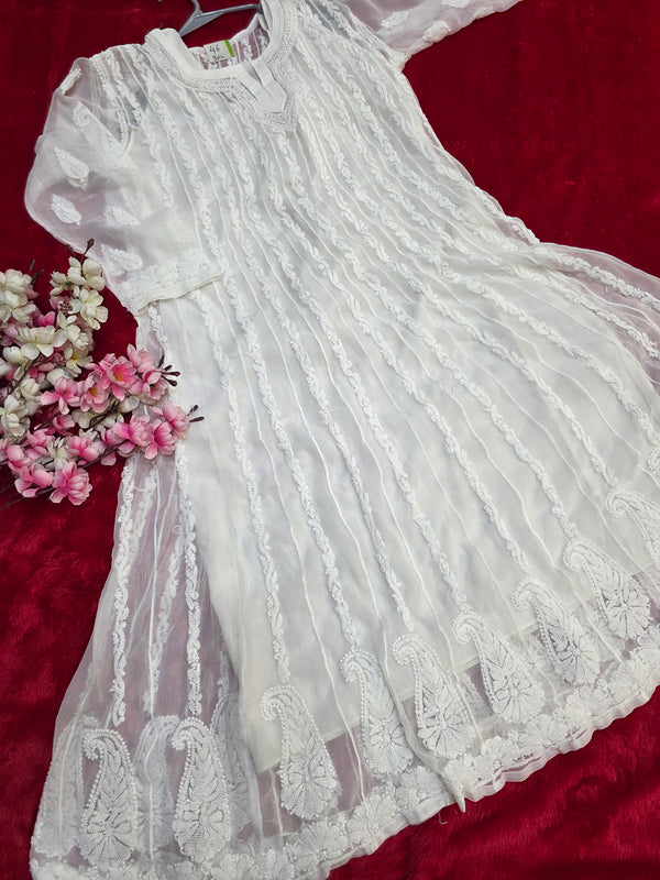 889011 Exclusive Chikankari Work Anarkali Georgette Kurti With Inner