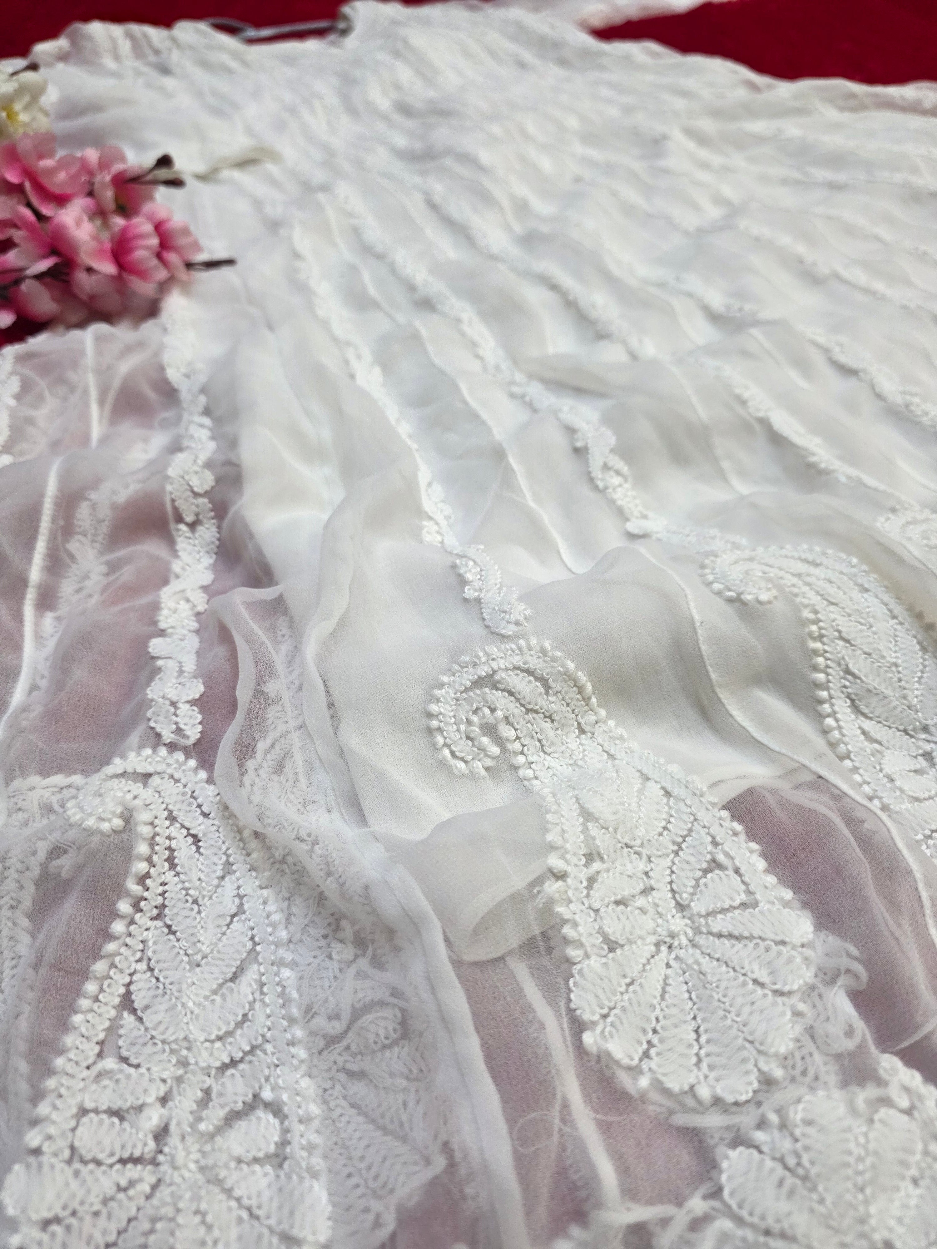 889011 Exclusive Chikankari Work Anarkali Georgette Kurti With Inner