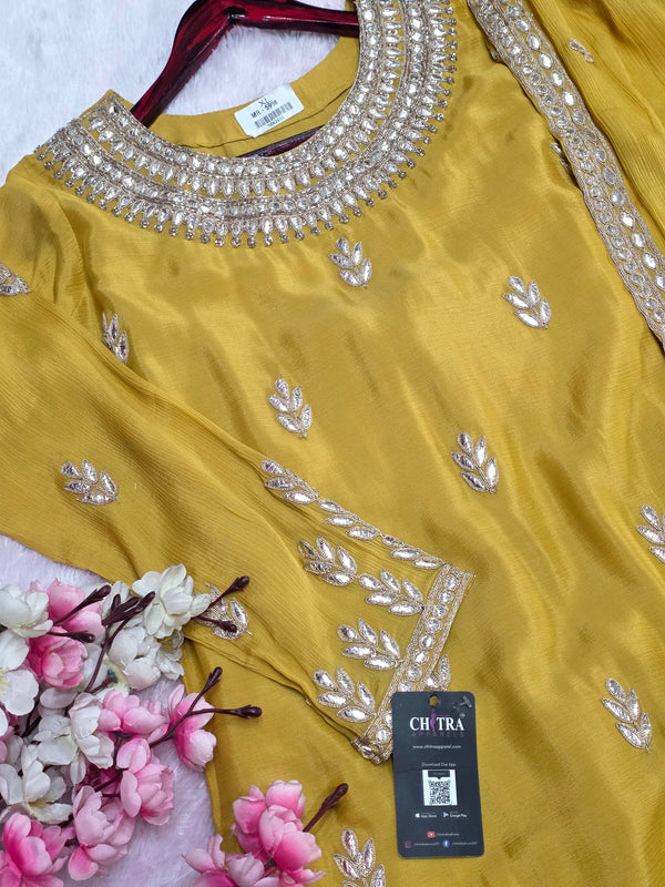 893001 Pure Chinon Silk Kurti With Sharara Having Beautiful Gotapatti Hand Work