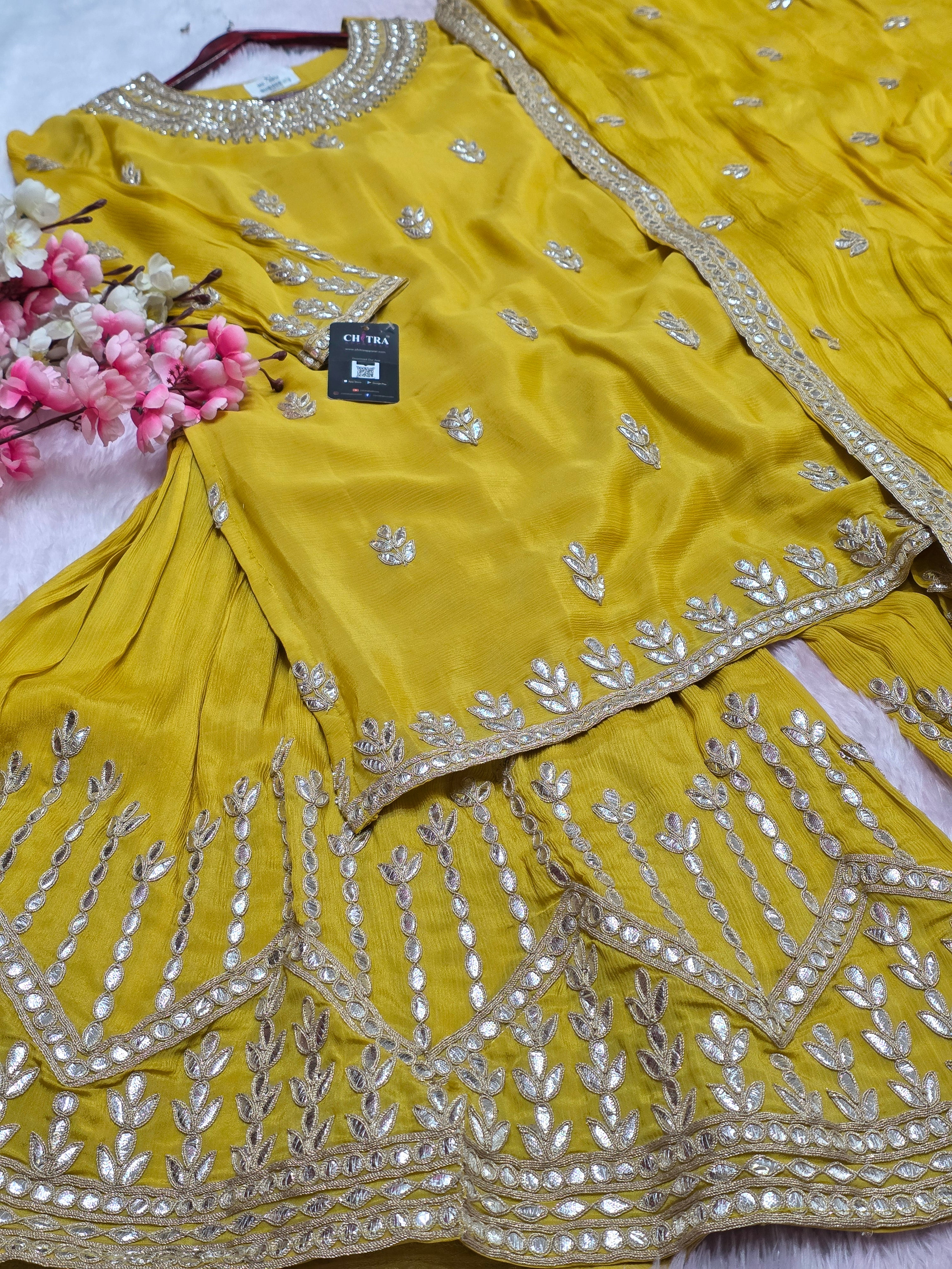 893001 Pure Chinon Silk Kurti With Sharara Having Beautiful Gotapatti Hand Work