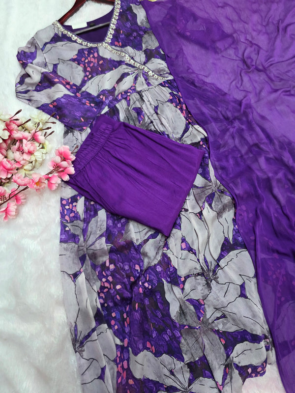 893005 Pure Chinon Silk Designer Dress With Pant and Chiffon Dupatta