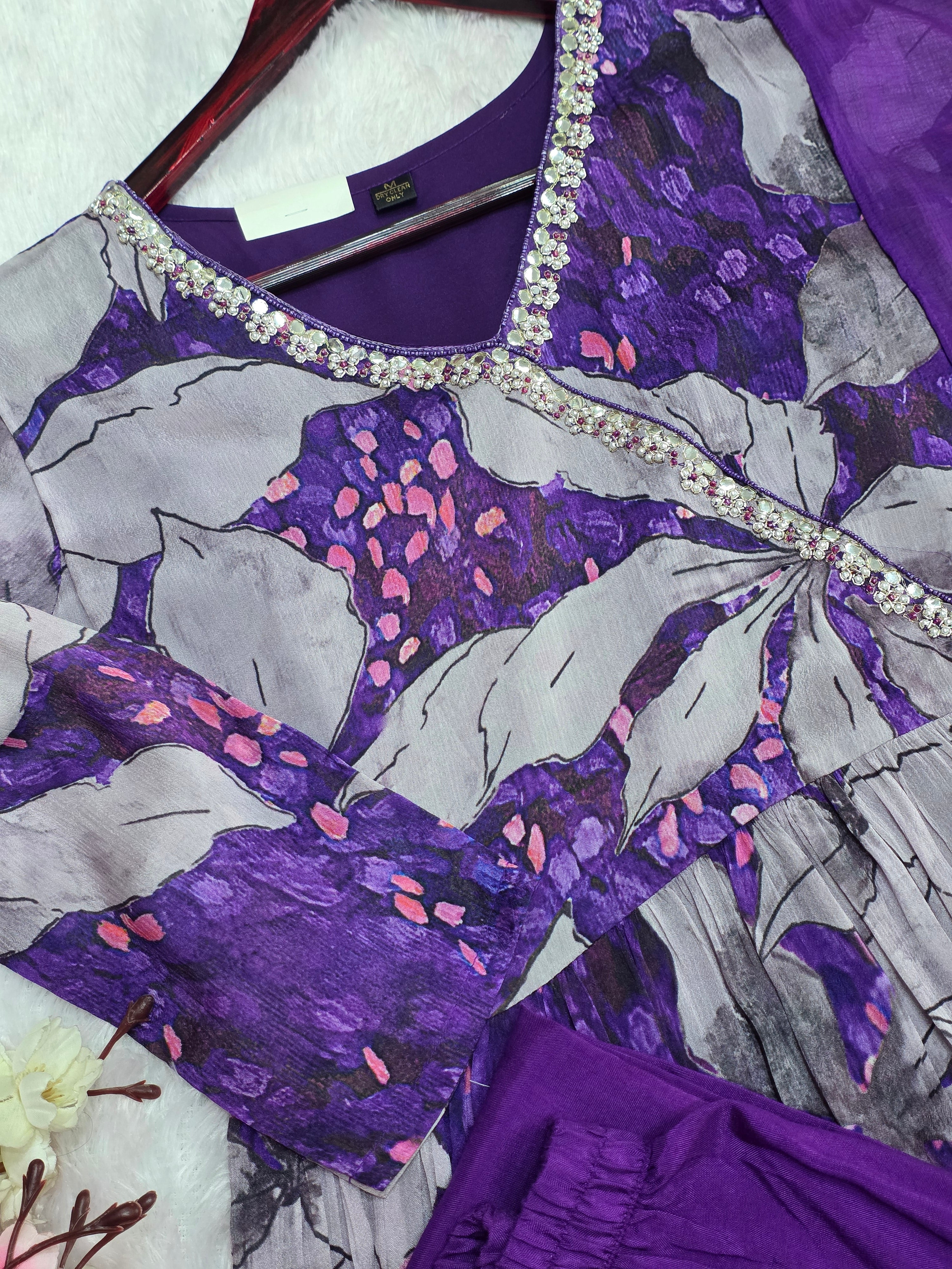 893005 Pure Chinon Silk Designer Dress With Pant and Chiffon Dupatta