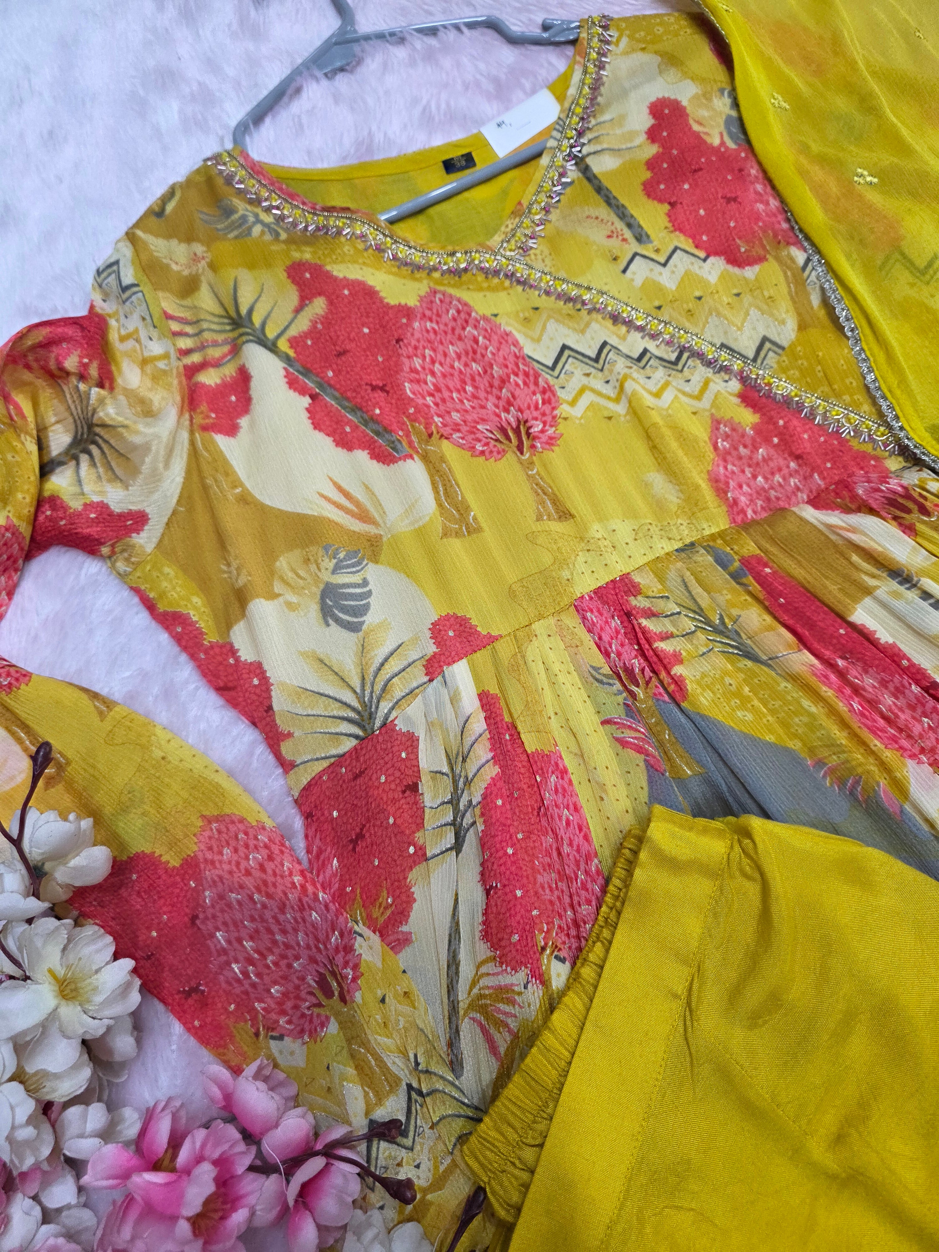 893006 Pure Chinon Silk Designer Dress With Pant and Chiffon Dupatta