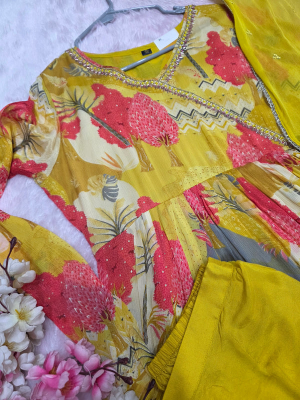 893006 Pure Chinon Silk Designer Dress With Pant and Chiffon Dupatta