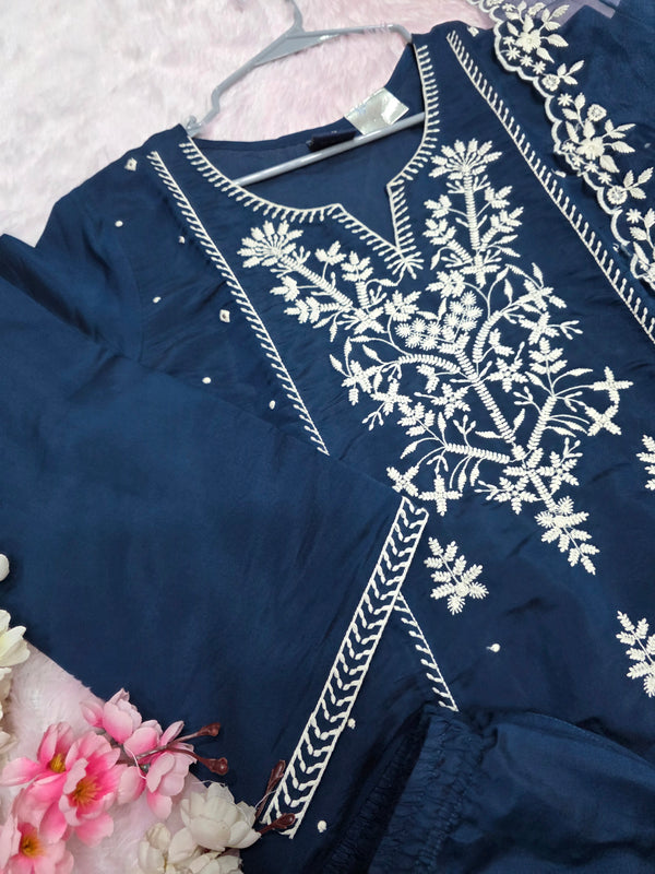 893008 Very Unique Blue Color Organza Dupatta, Pant and Kurti Set with Chikankari Work