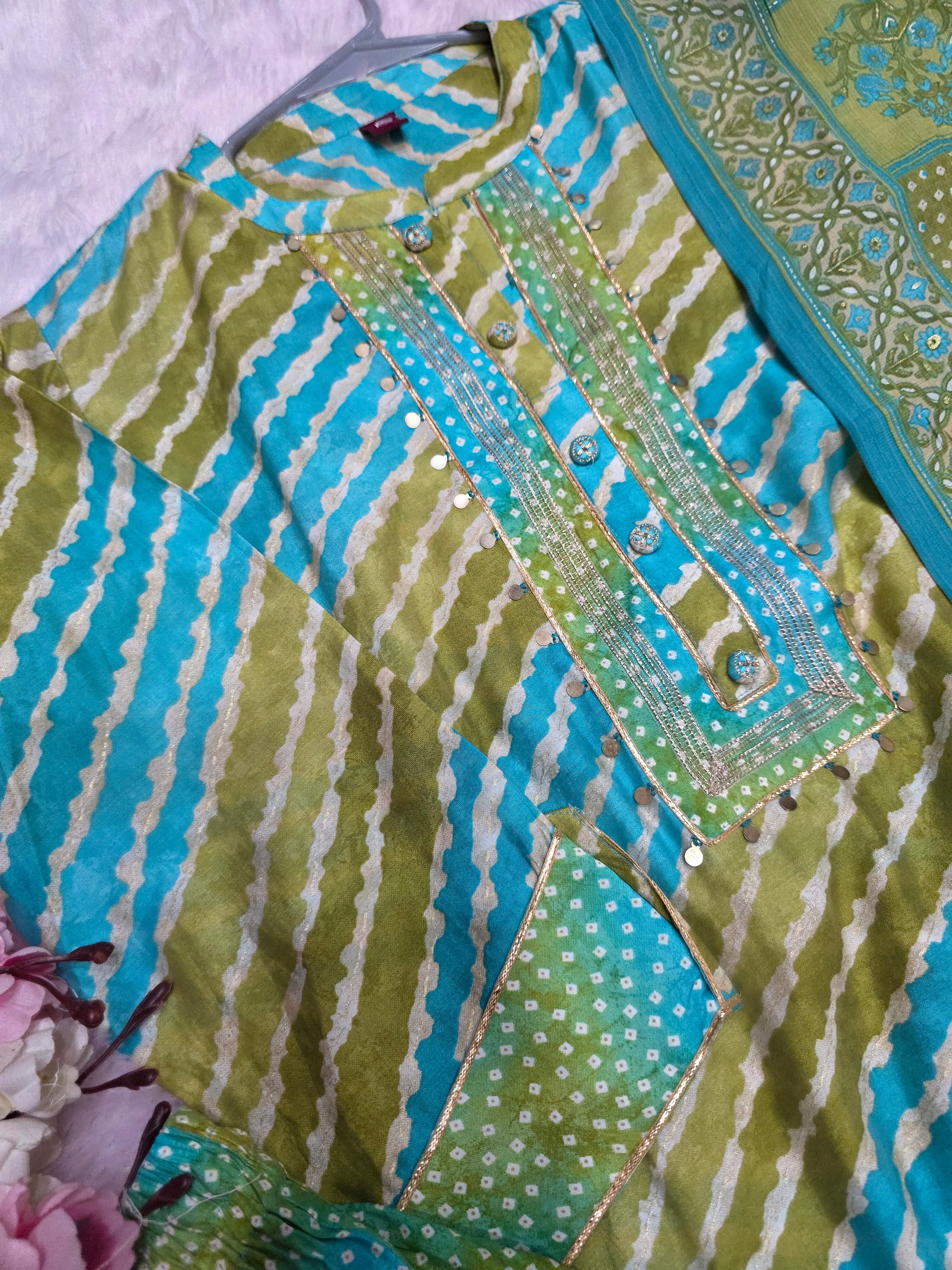 893015 Designer Lehriya Print Silk Kurti WIth Dupatta and Afghani Pant