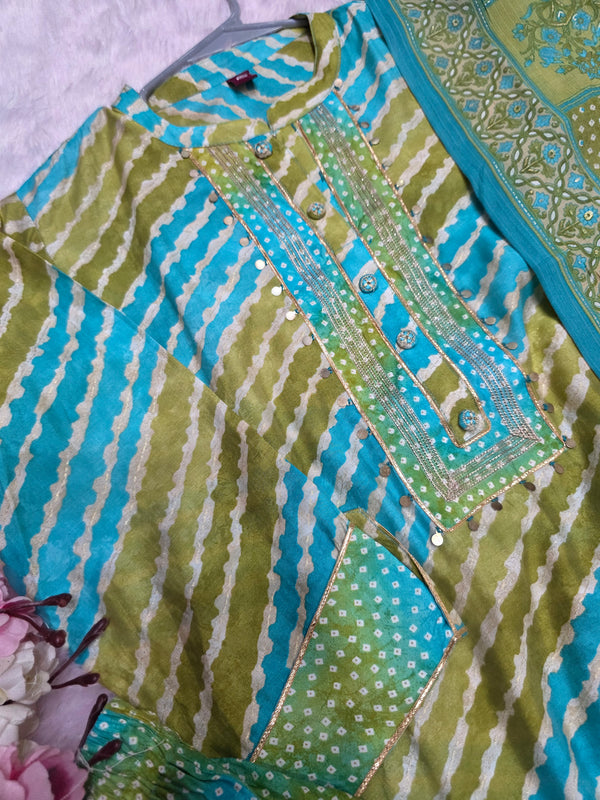 893015 Designer Lehriya Print Silk Kurti WIth Dupatta and Afghani Pant