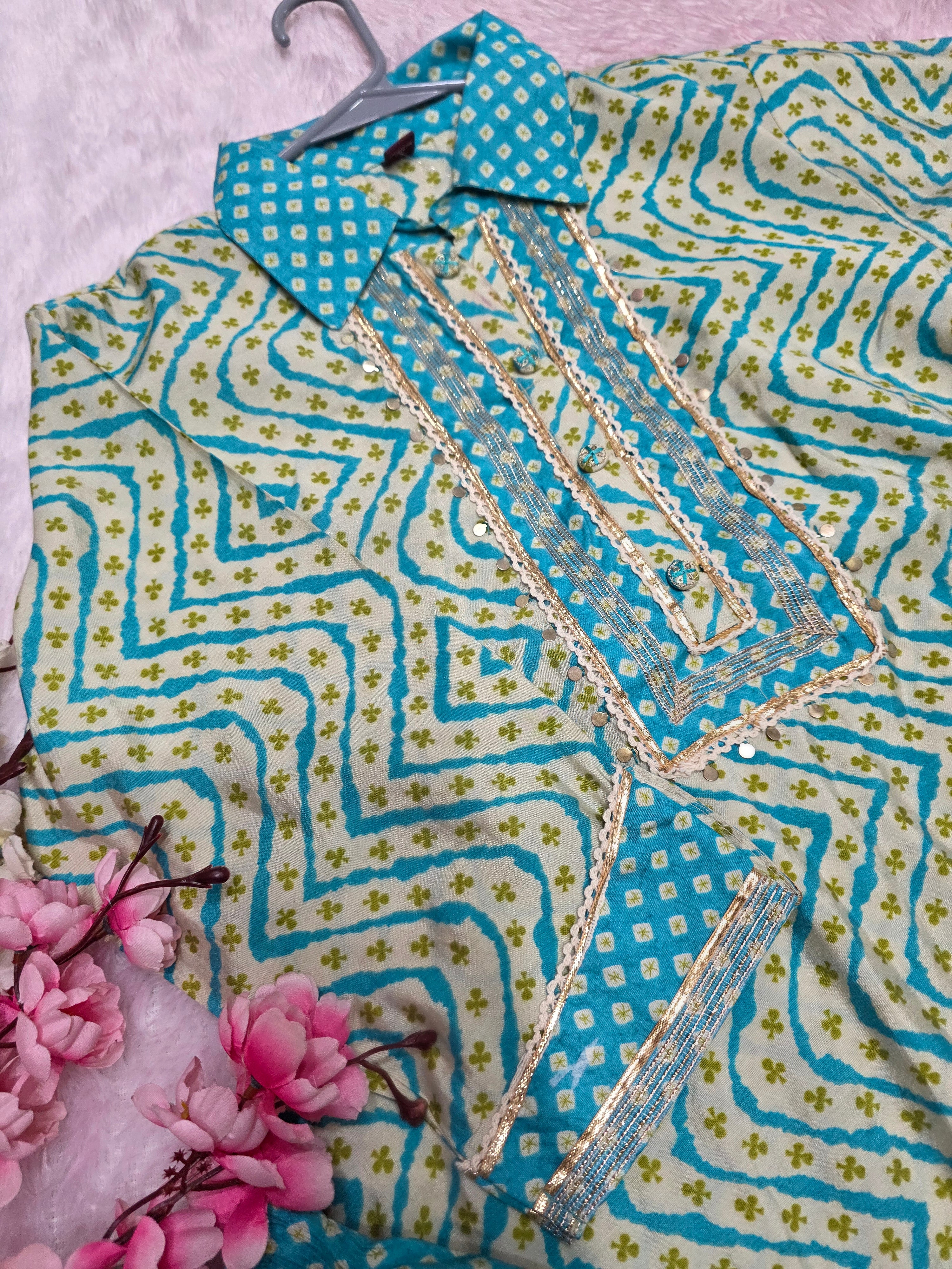 893011 Designer Lehriya Print Silk Kurti With Afghani Pant