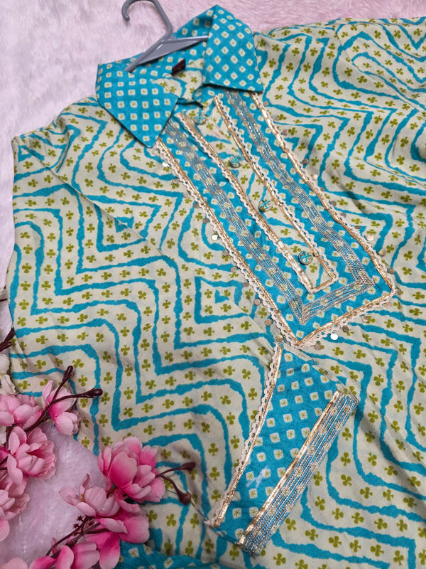 893011 Designer Lehriya Print Silk Kurti With Afghani Pant