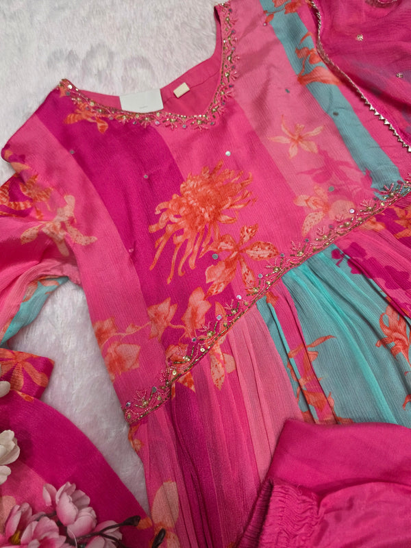 893013 Exclusive Pink Printed Pure Chinon Silk Stylish Dress