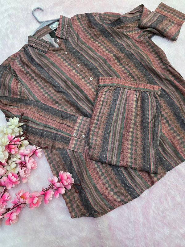 897007 Soft Crepe Silk Designer Co-Ord Set With Work On Caller