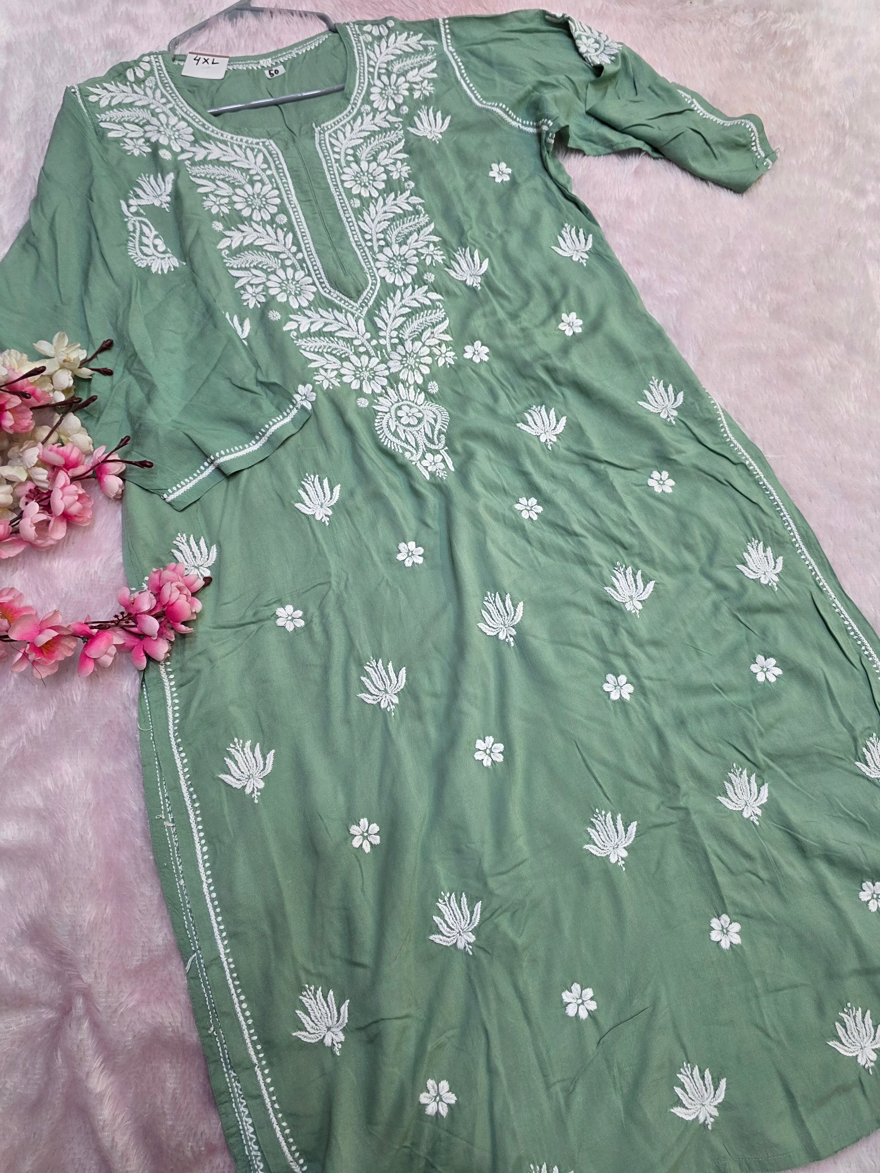 897005 Original Chikankari Pure Cotton Modal Plus Size Kurti - Green