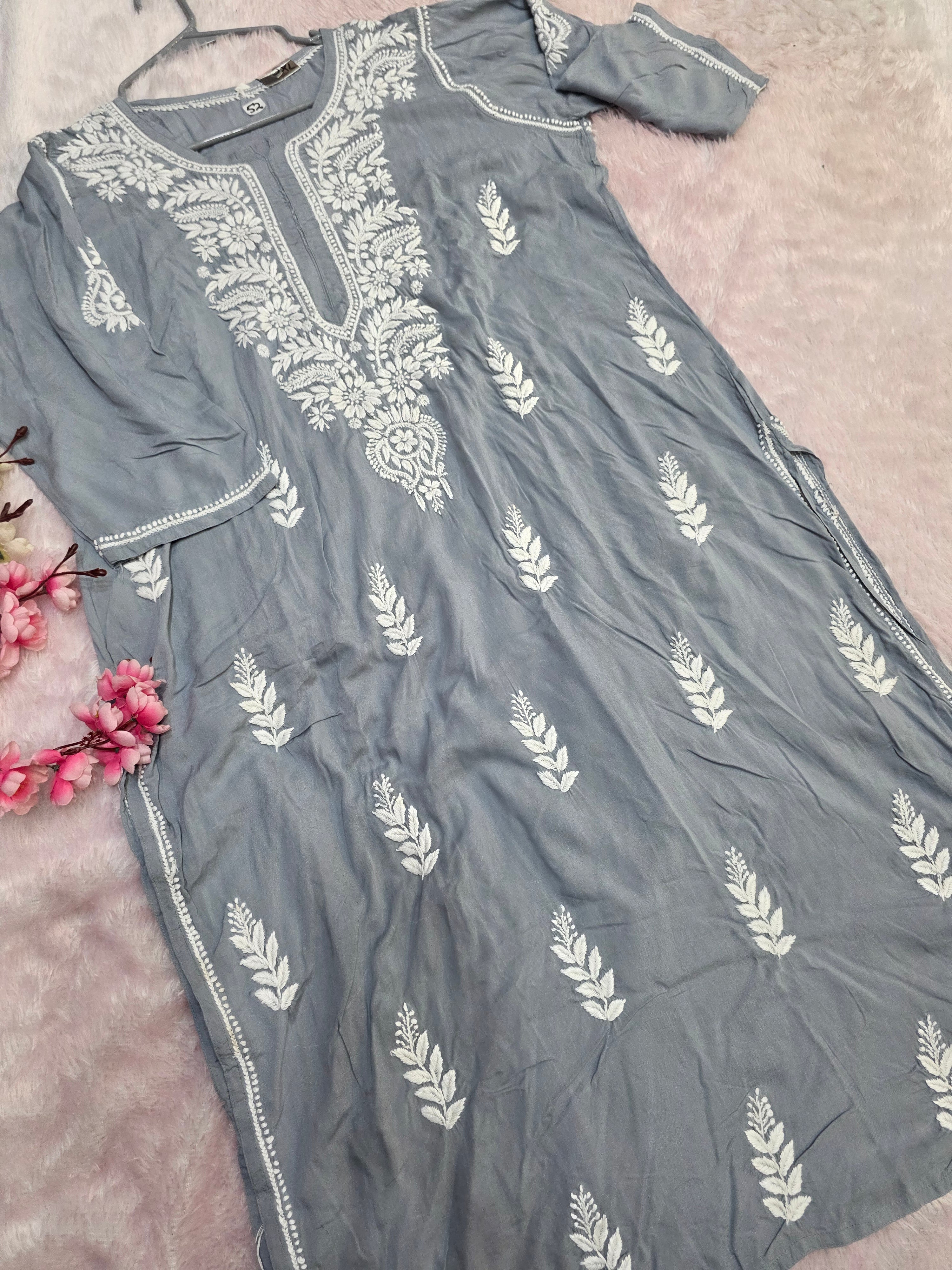 897005 Original Chikankari Pure Cotton Modal Plus Size Kurti - Gray