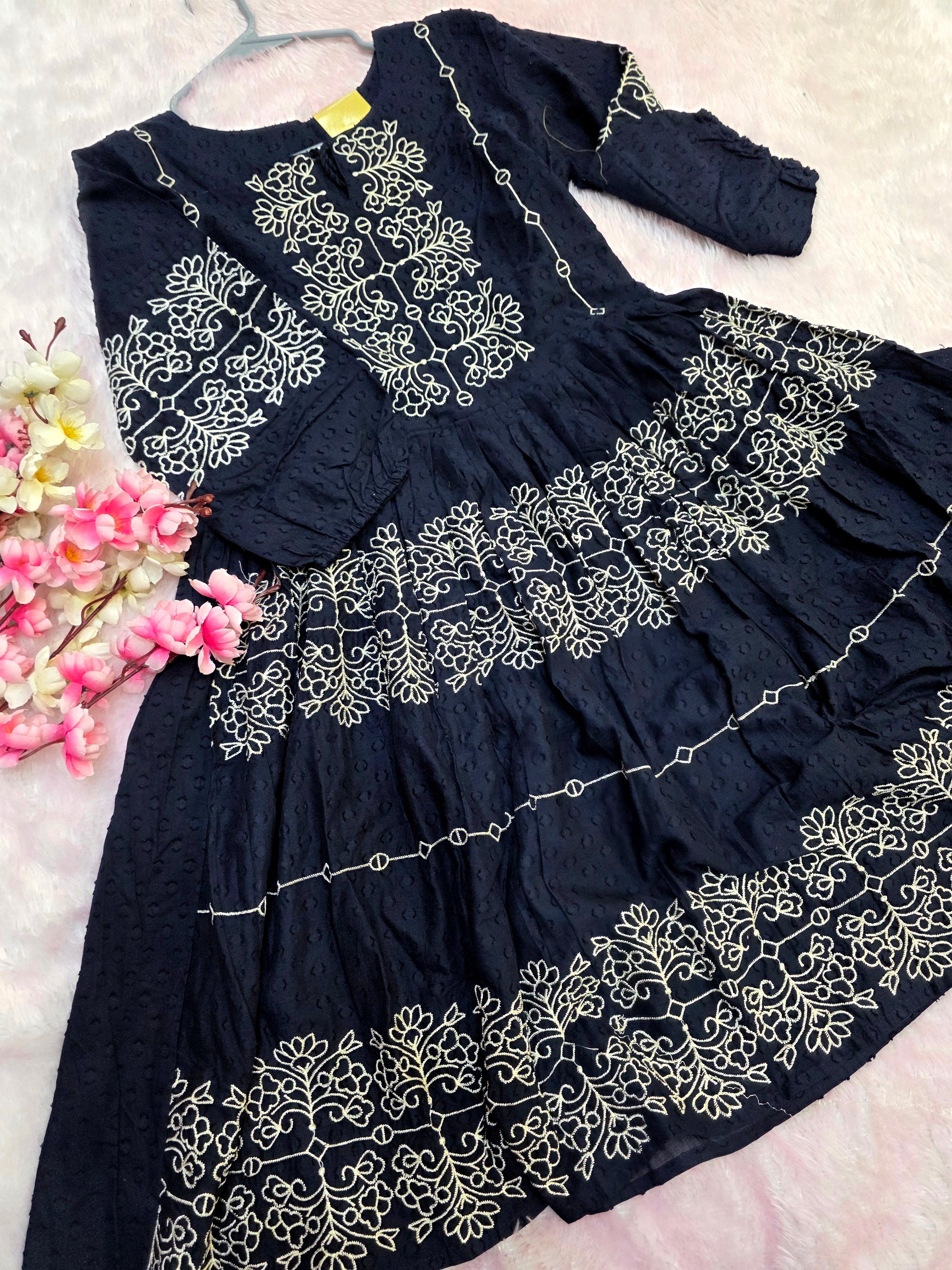 897004 Very Smart Navy Blue Pure Malmal Cotton Midi with Embroidery