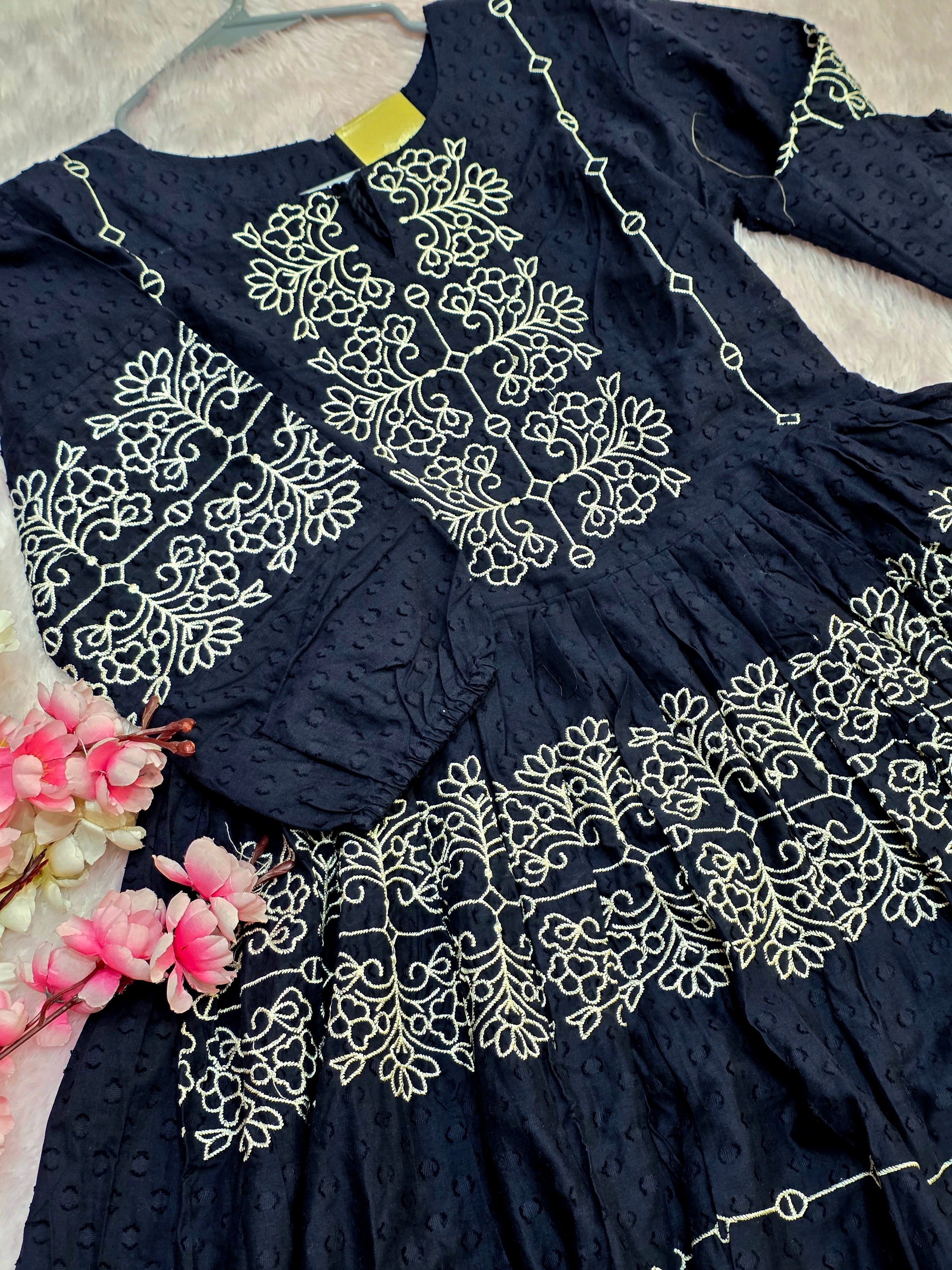 897004 Very Smart Navy Blue Pure Malmal Cotton Midi with Embroidery