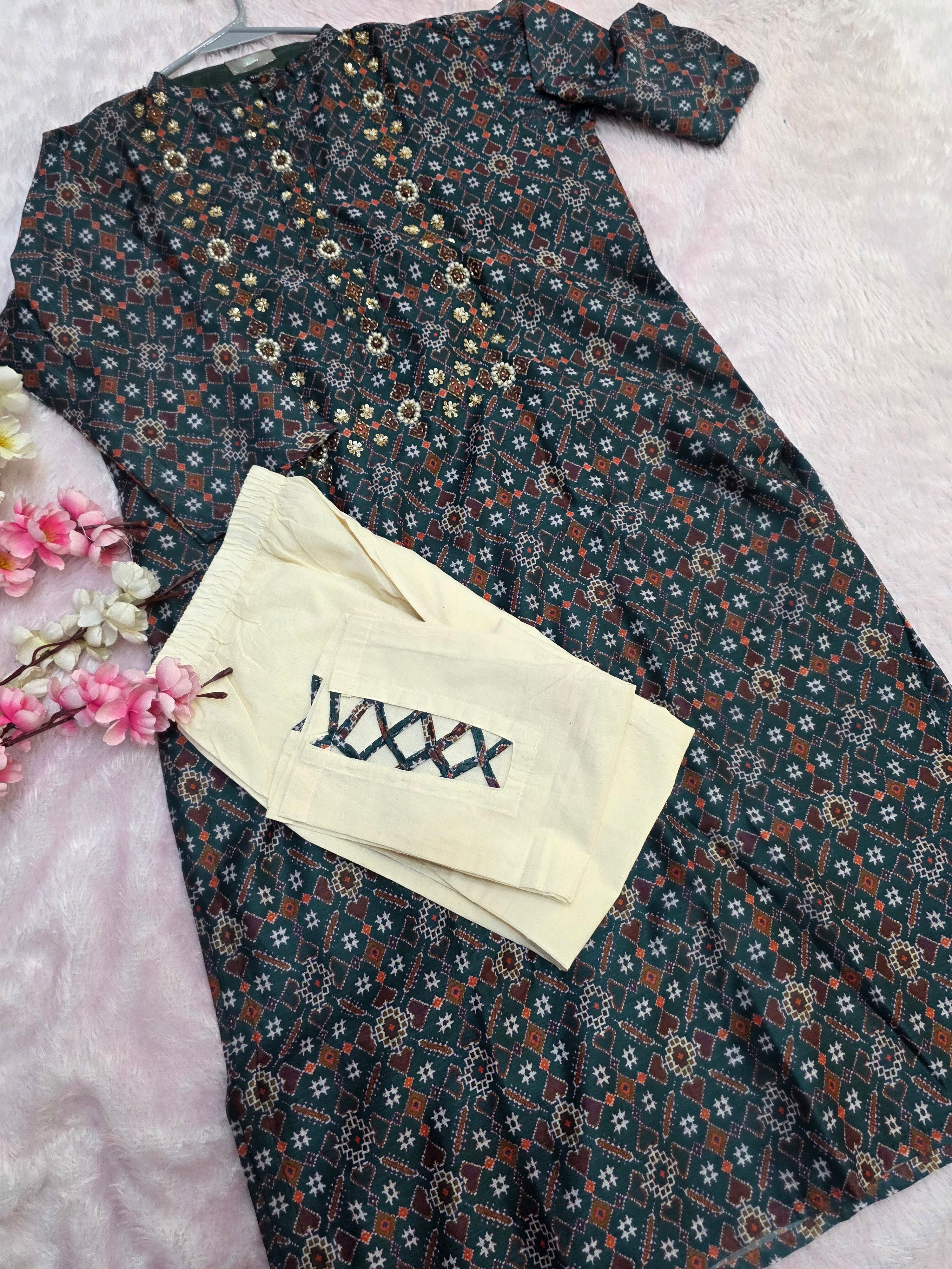 897003 Pure Chanderi Silk Patola Printed Kurti Pant Set With Hand Zardozi Work