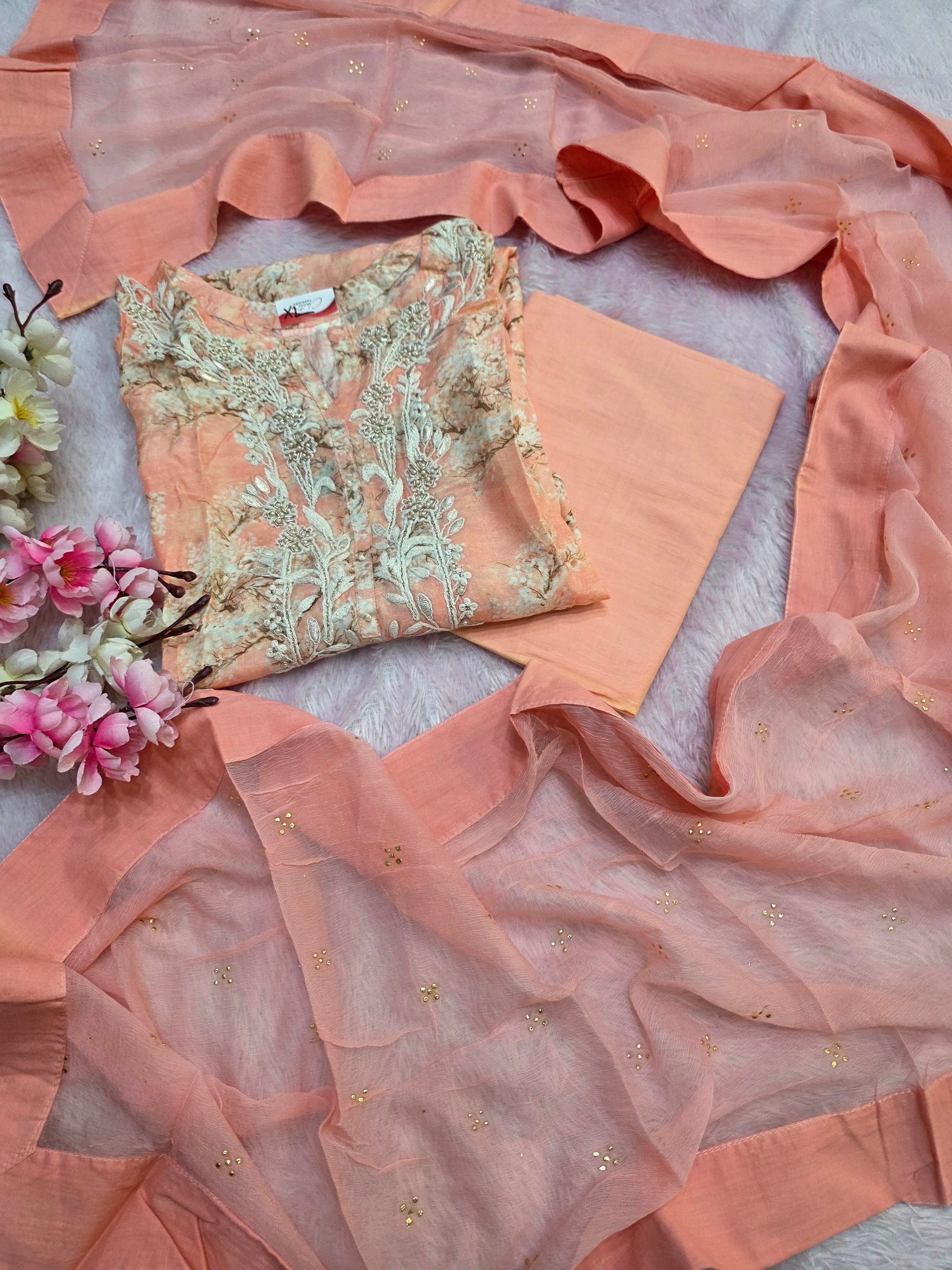 899012 Pure Maslin Silk Printed Semi Stitched Suit With Pure Chiffon Dupatta and Bottom Fabric