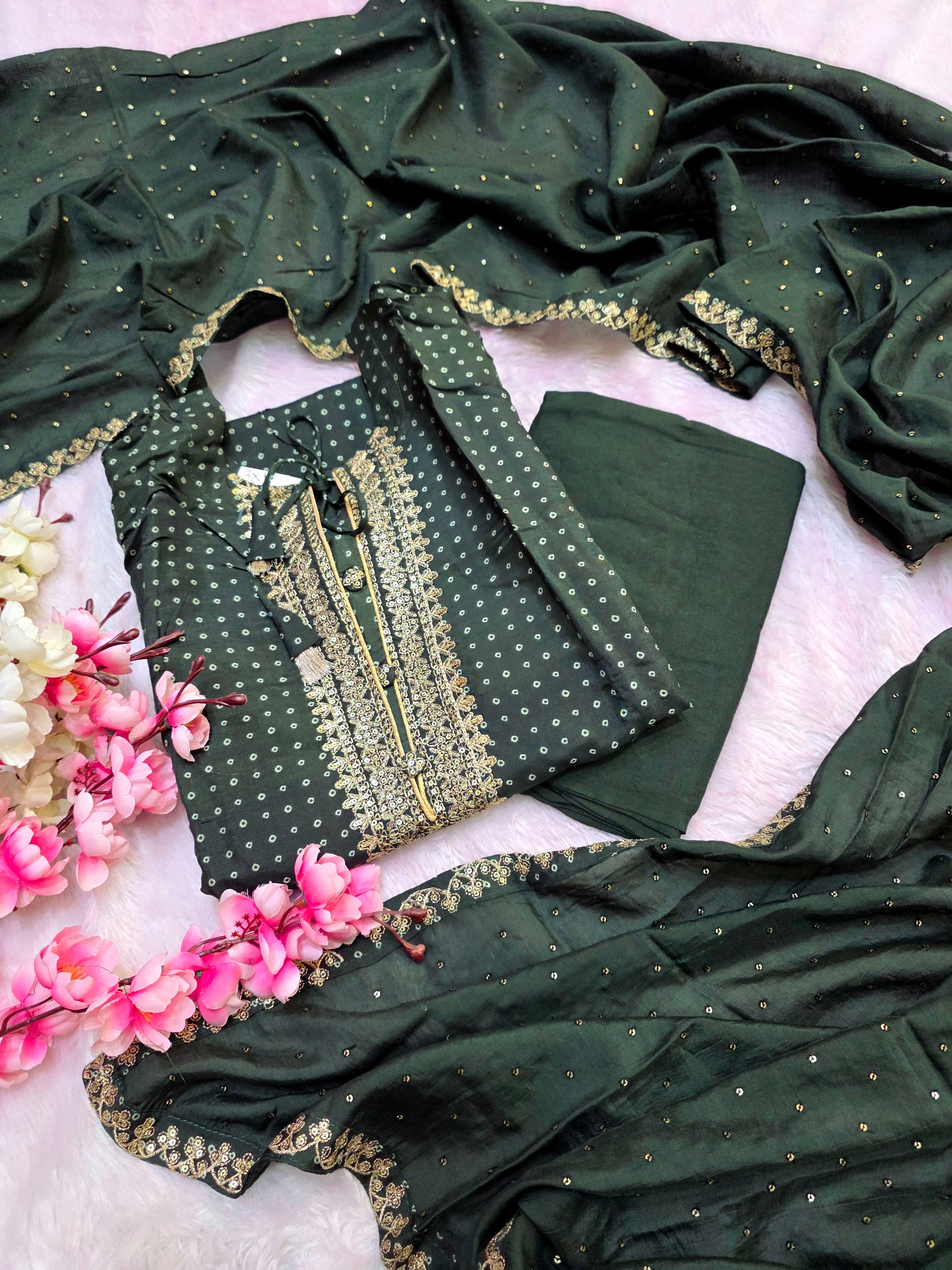 899014 Pure Soft Silk Bandhani Green Semi Stitched Suit With Work Dupatta and Bottom Fabric (Copy)