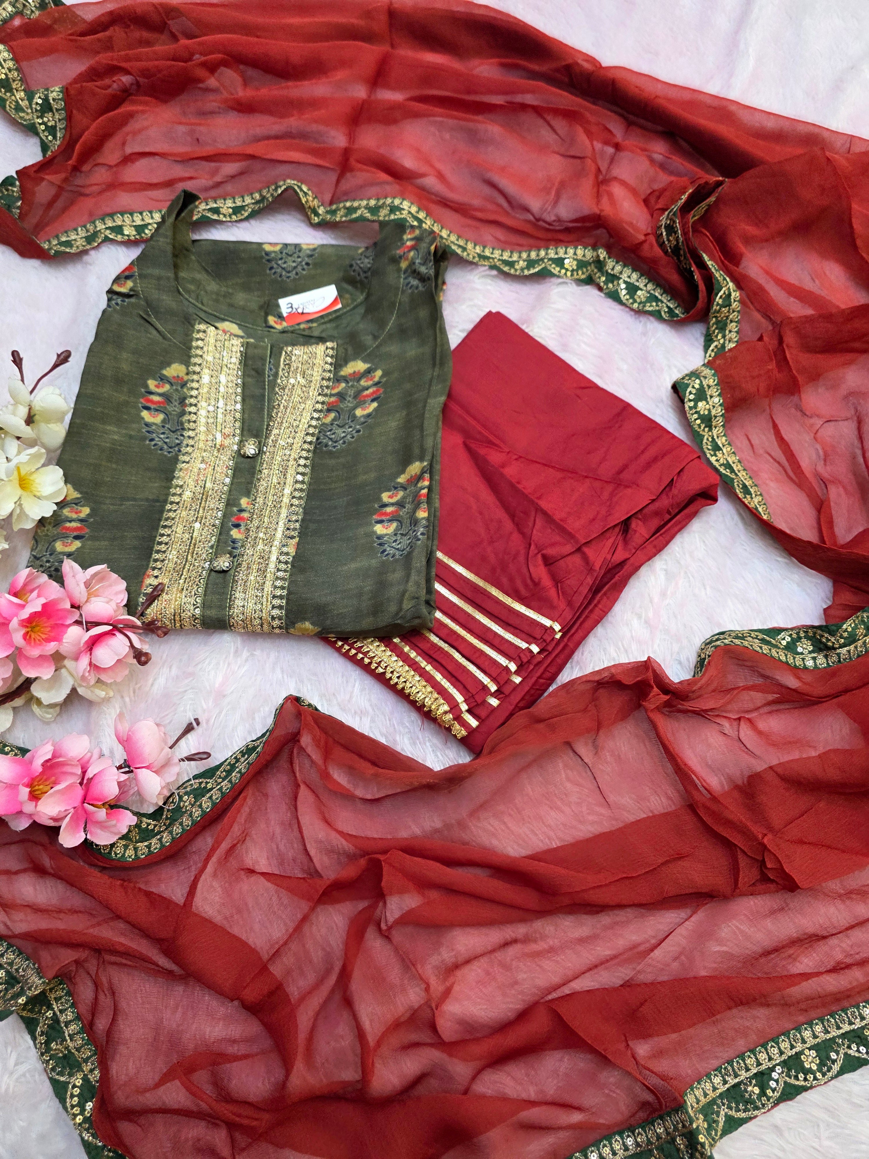 899004 Pure Art Silk Printed Semi Stitched Suit With Heavy Chiffon Dupatta and Bottom Fabric