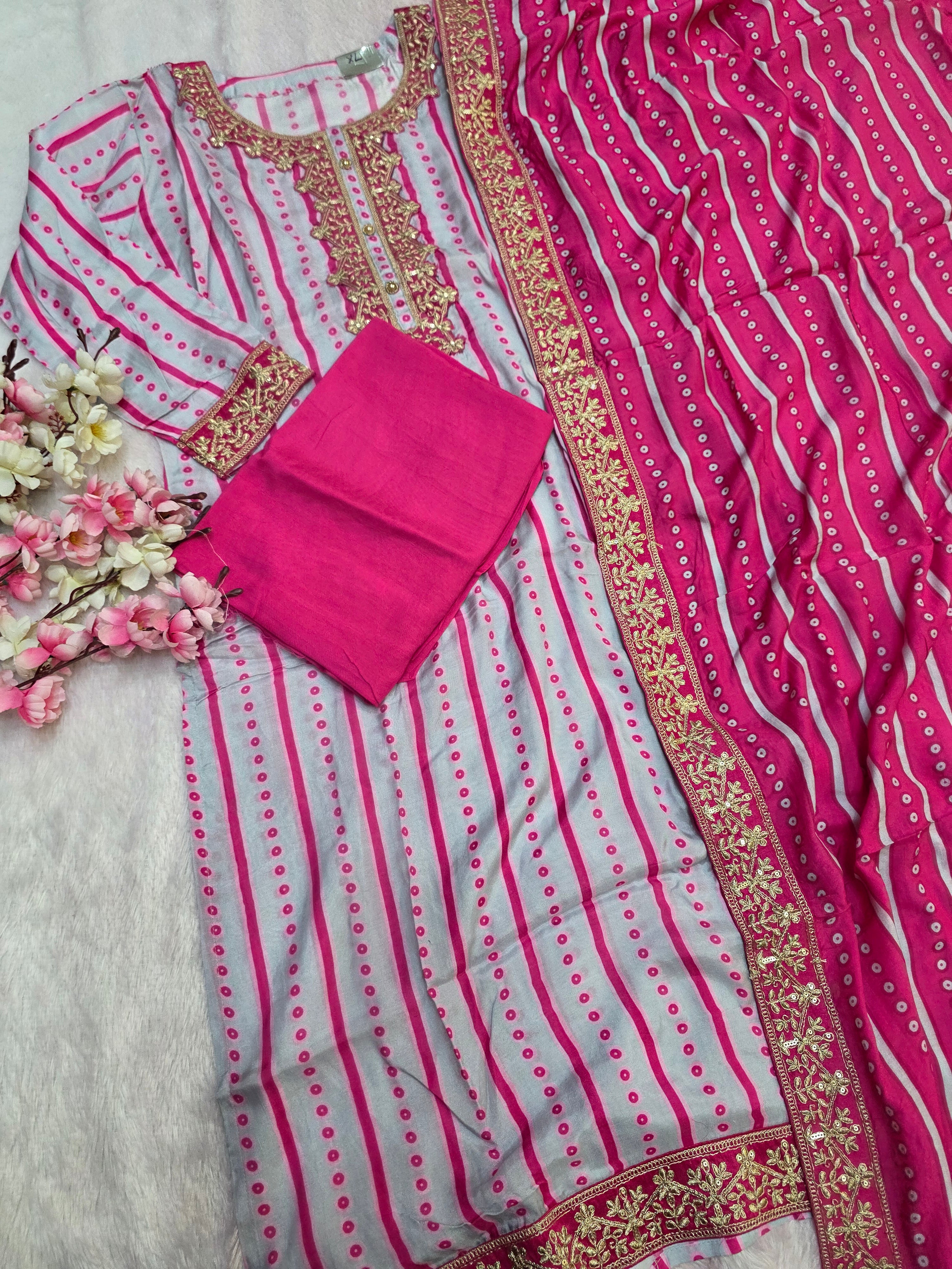 899005 Pure Maslin Silk Printed Semi Stitched Suit With Heavy Dupatta and Bottom Fabric