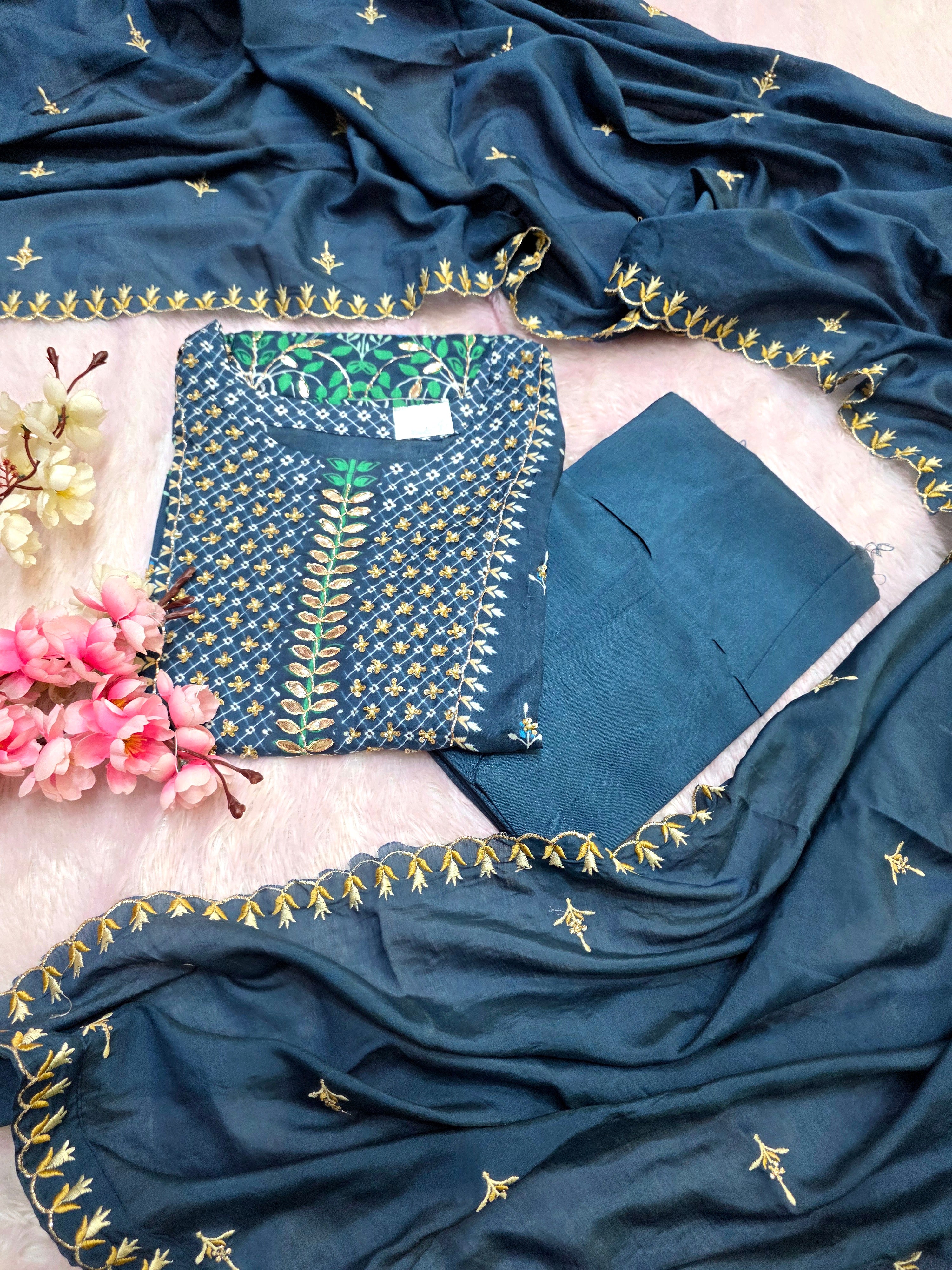 899008 Pure Maslin Silk Printed Semi Stitched Suit With Heavy Dupatta and Bottom Fabric