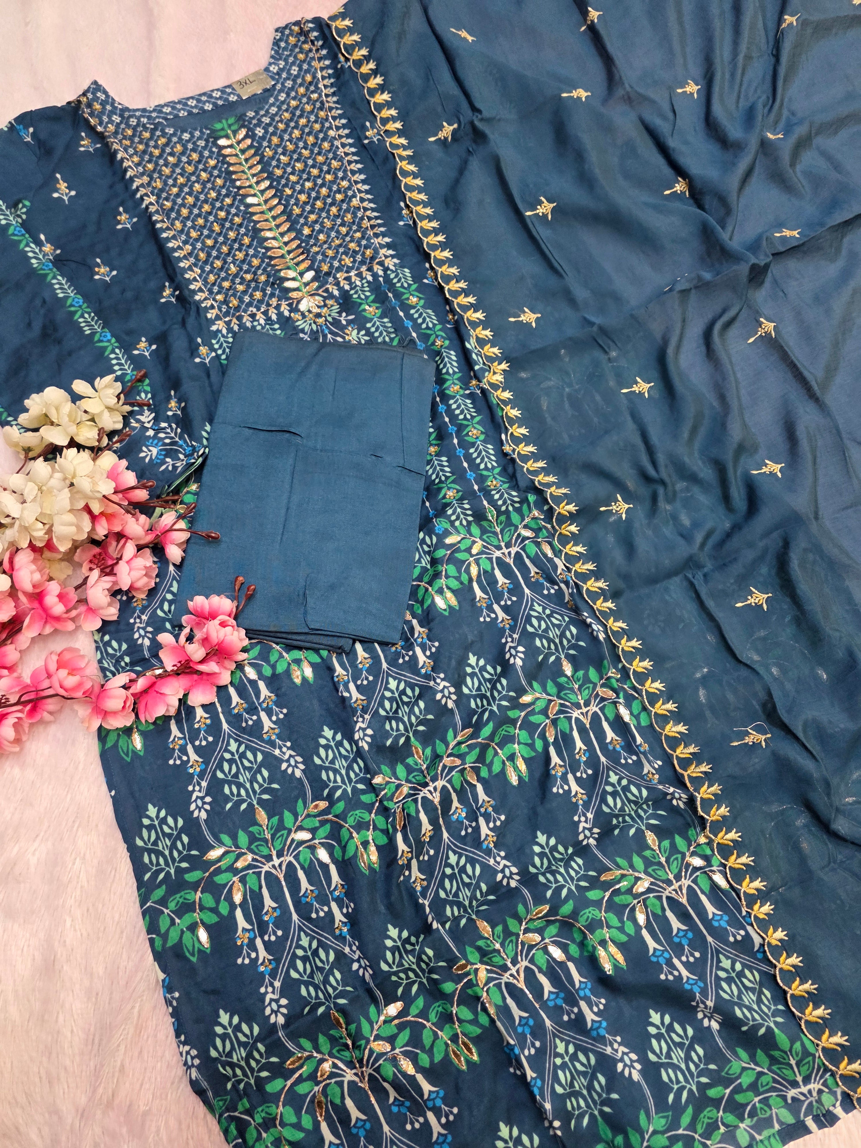 899008 Pure Maslin Silk Printed Semi Stitched Suit With Heavy Dupatta and Bottom Fabric