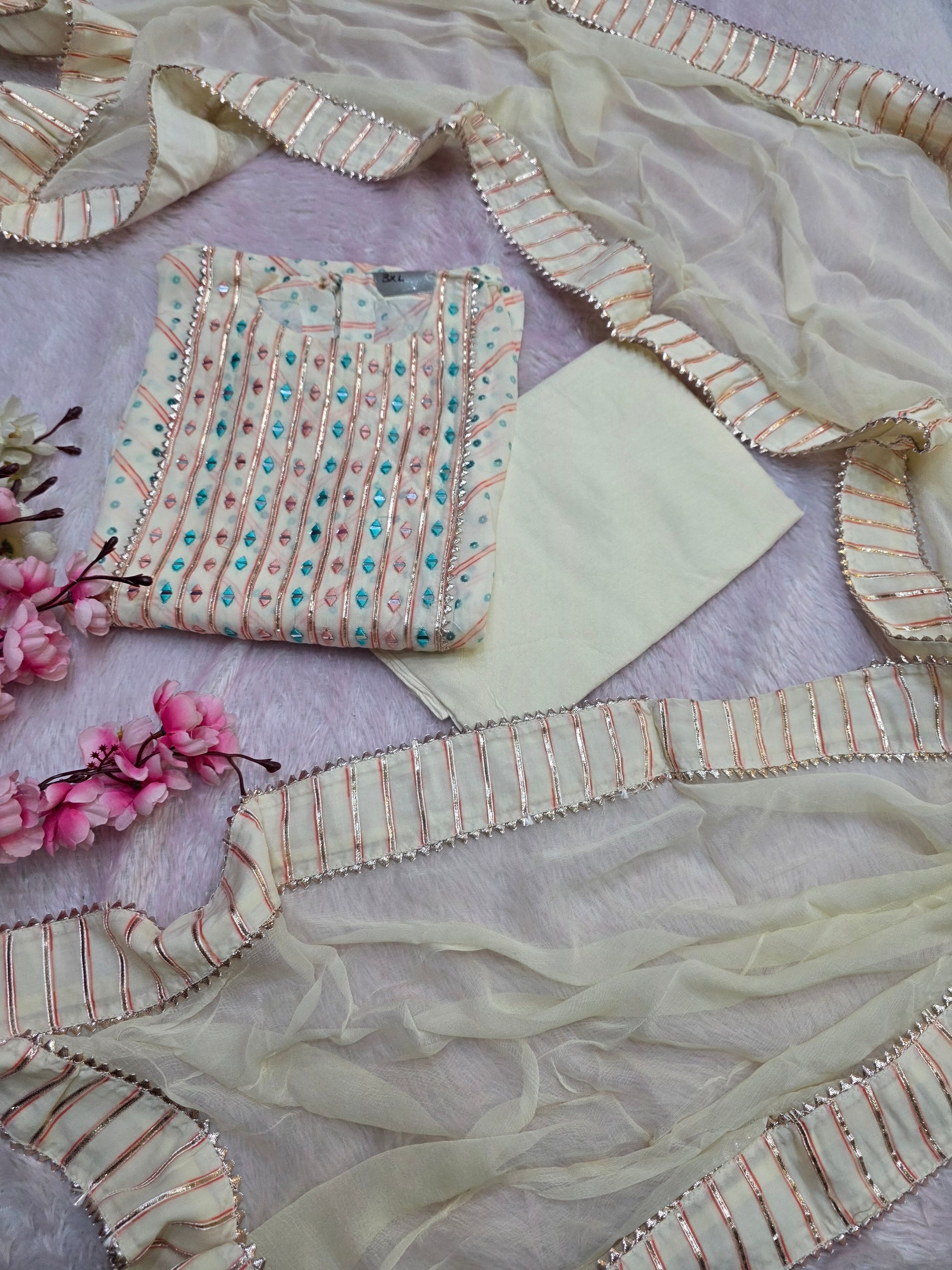 899009 Pure Maslin Silk Printed Semi Stitched Suit With Heavy Dupatta and Bottom Fabric