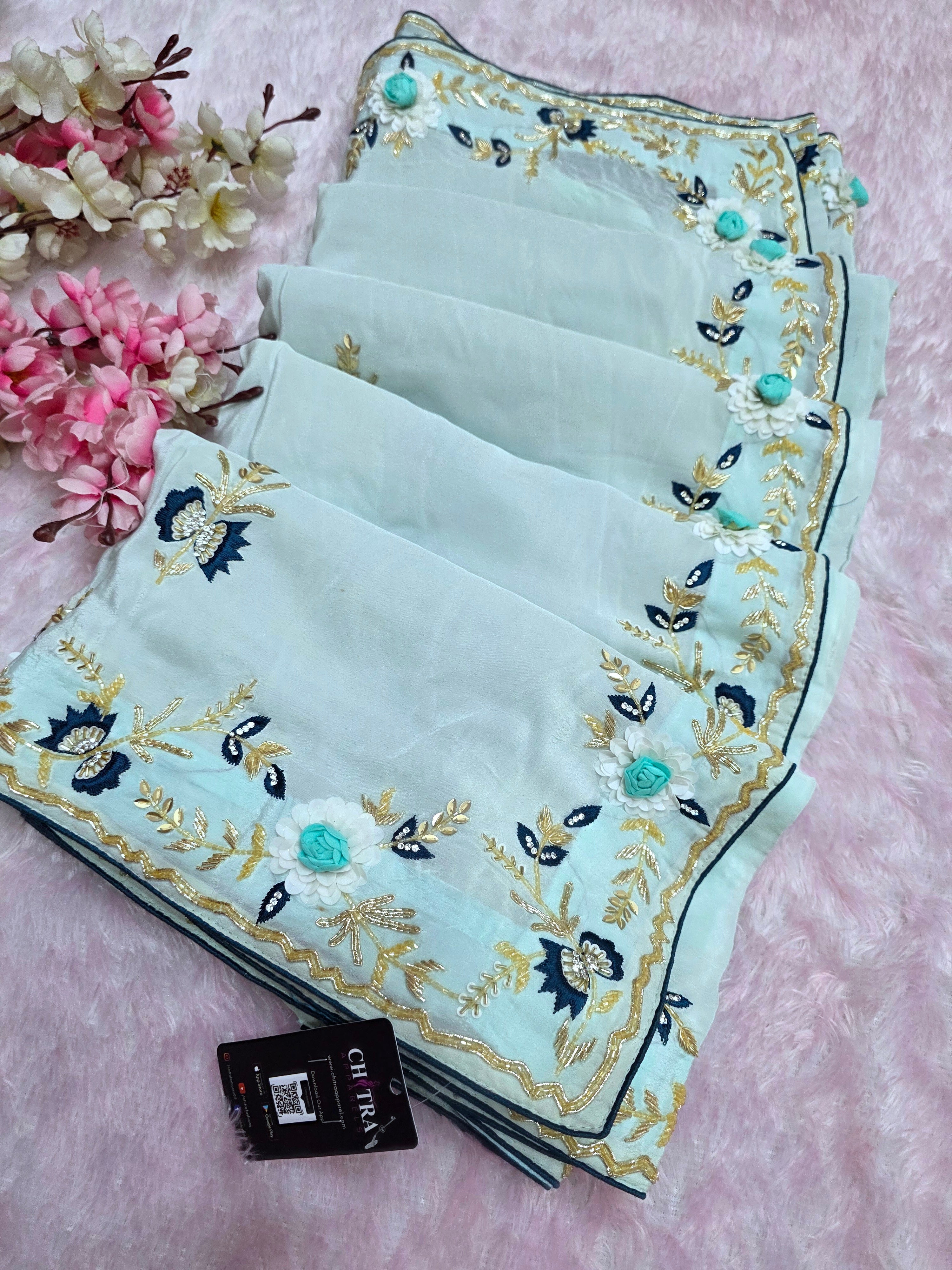 7328 Exclusive Wedding and Party Perfect Pure Soft Organza Saree With Hand Work