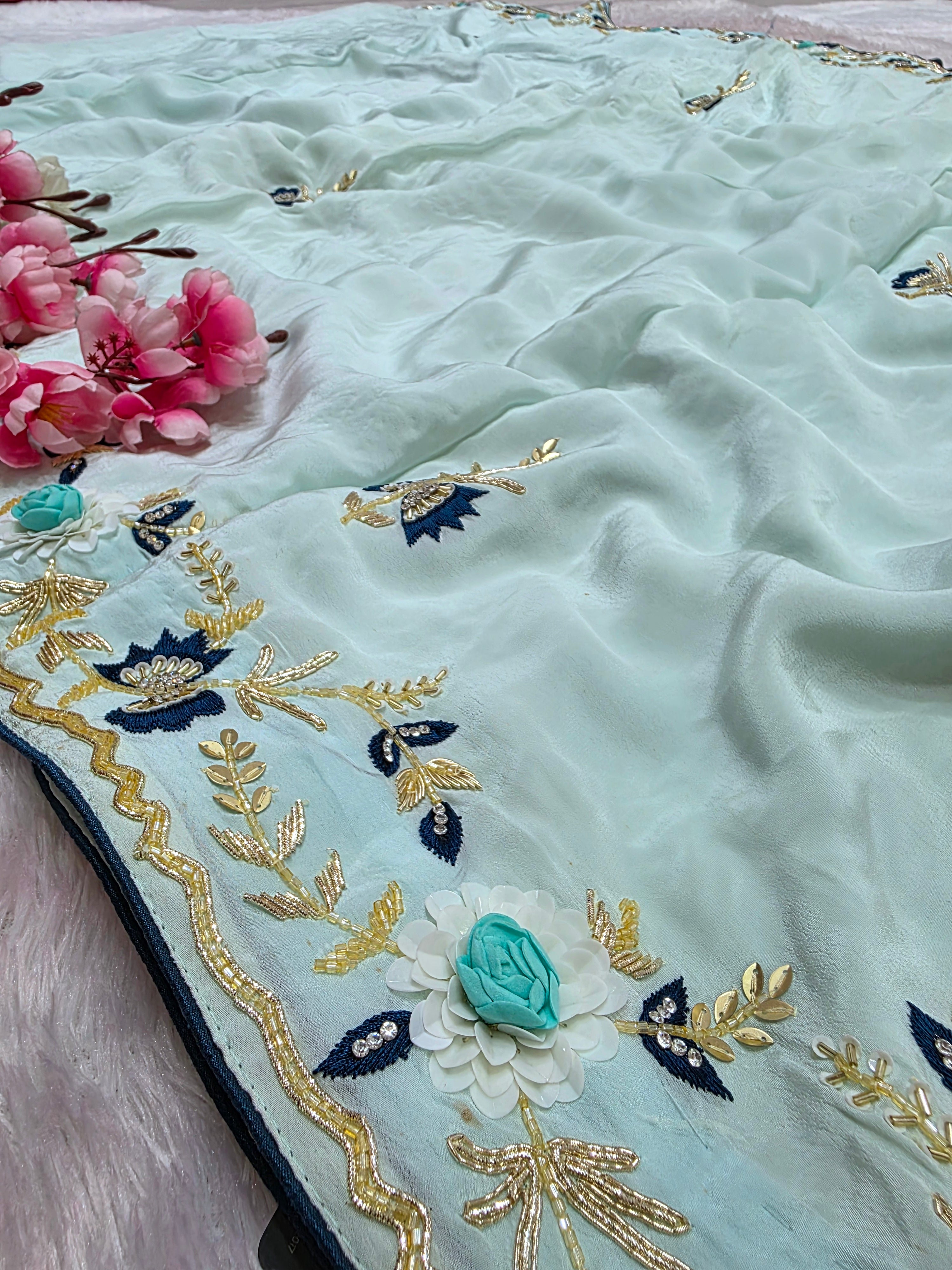 7328 Exclusive Wedding and Party Perfect Pure Soft Organza Saree With Hand Work