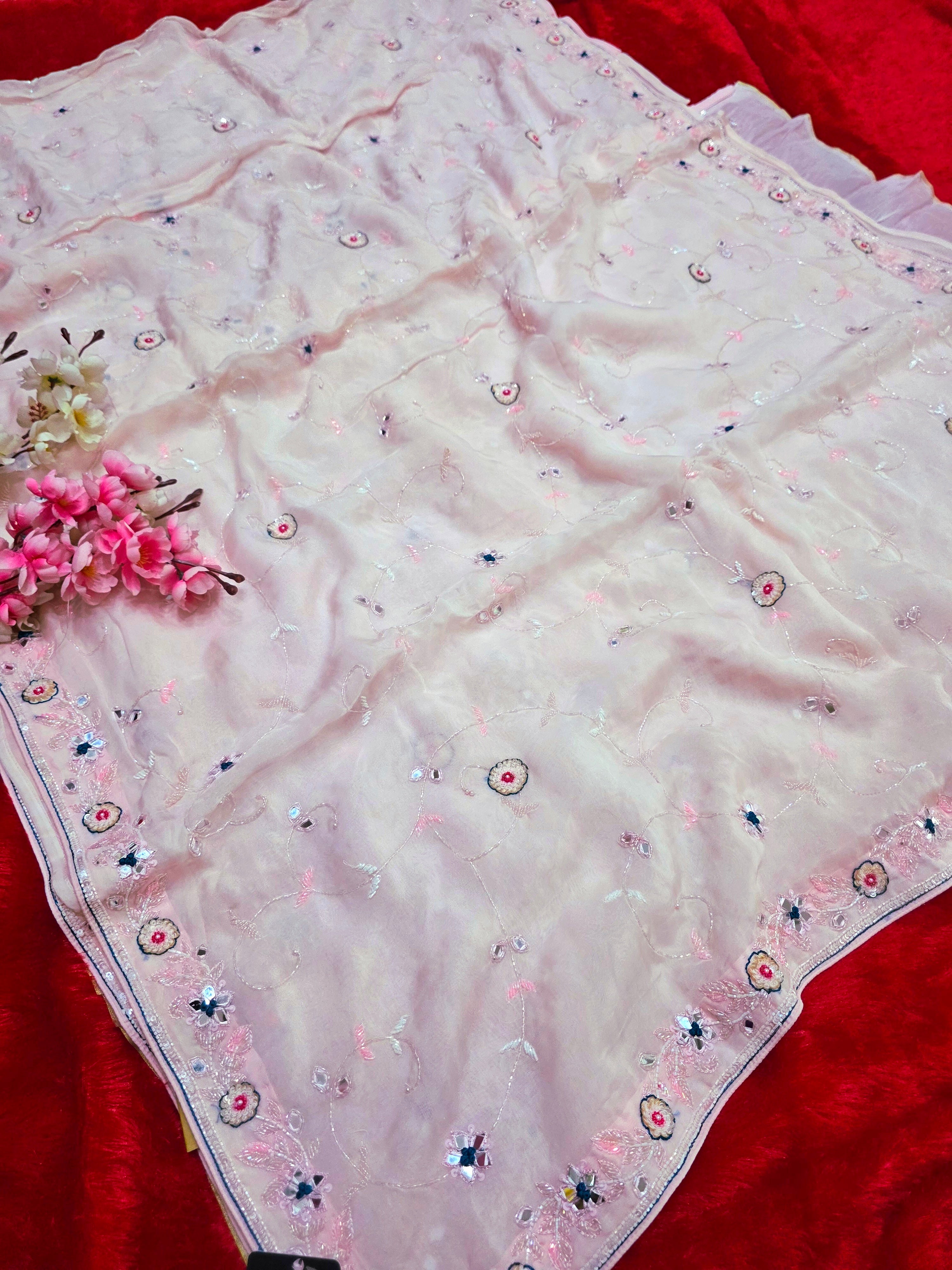 9330 Exclusive Wedding and Party Perfect Pure Soft Organza Saree With Hand Work