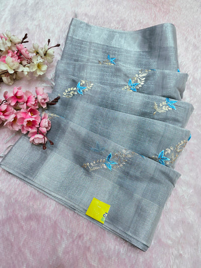 898001 Linen Silk Shaded Saree with Hand Pitta Work - Gray