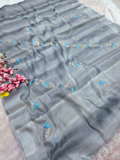 898001 Linen Silk Shaded Saree with Hand Pitta Work - Gray
