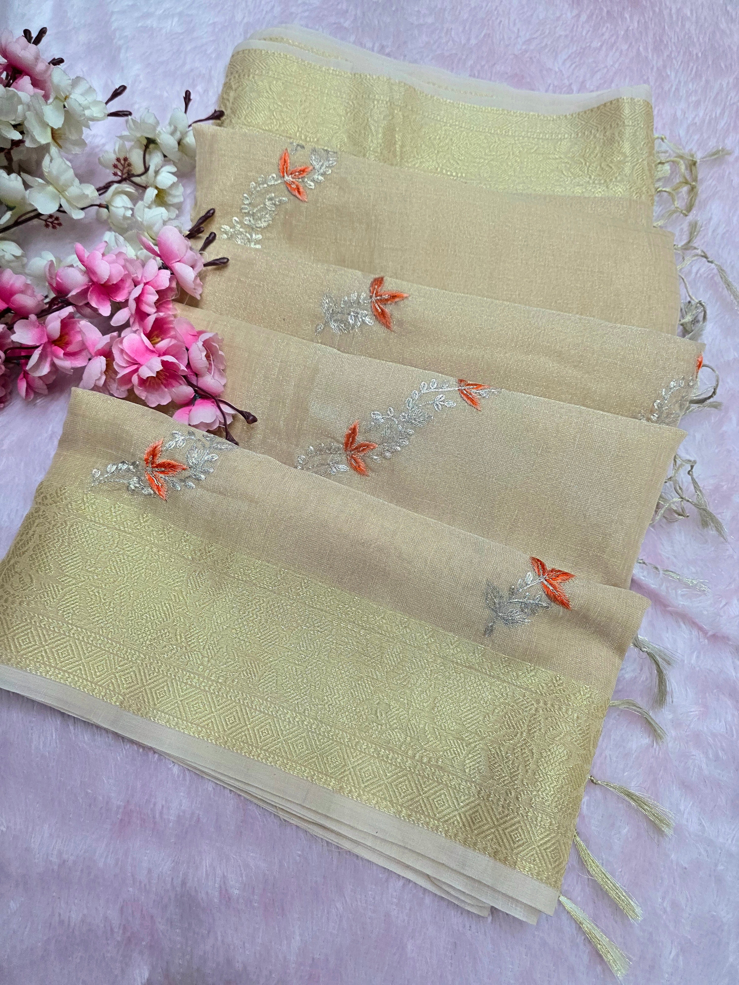898001 Linen Silk Shaded Saree with Hand Pitta Work - Peach