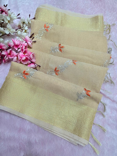 898001 Linen Silk Shaded Saree with Hand Pitta Work - Peach