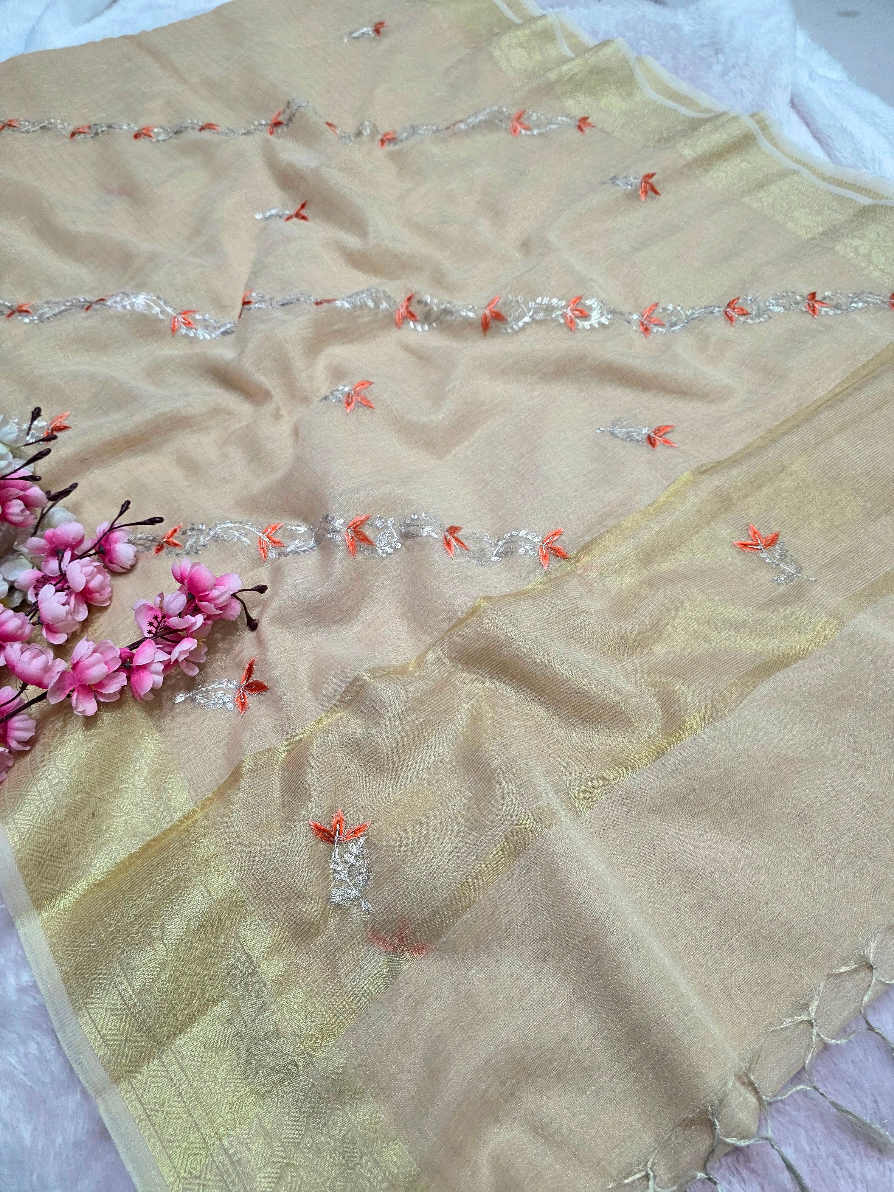 898001 Linen Silk Shaded Saree with Hand Pitta Work - Peach