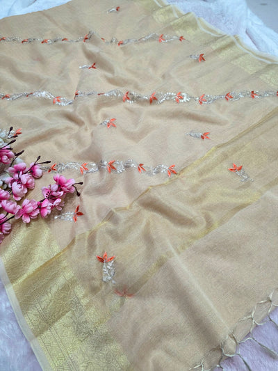 898001 Linen Silk Shaded Saree with Hand Pitta Work - Peach