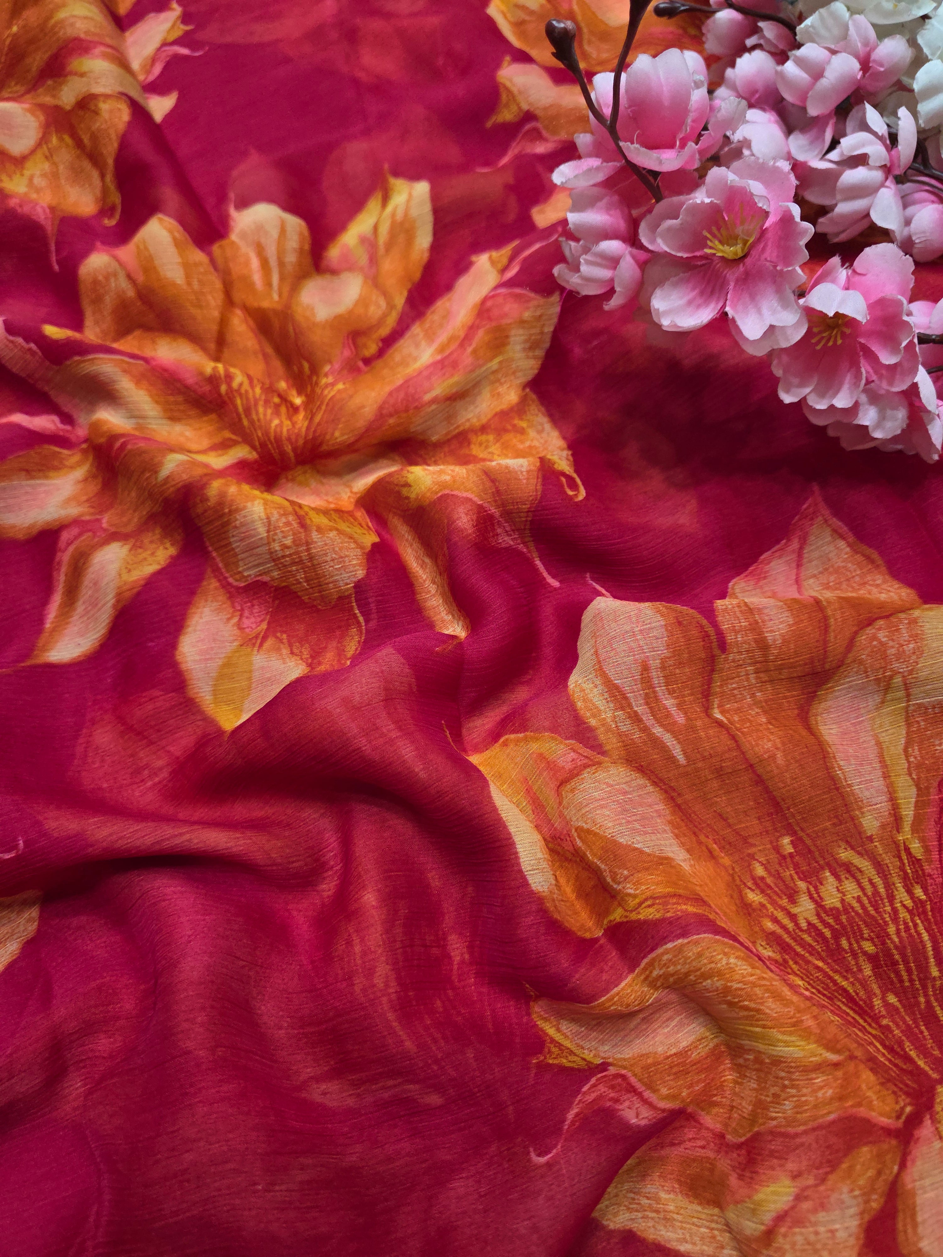 905001 Lightweight Elegant Semi Chiffon Flower Print Saree - Rani