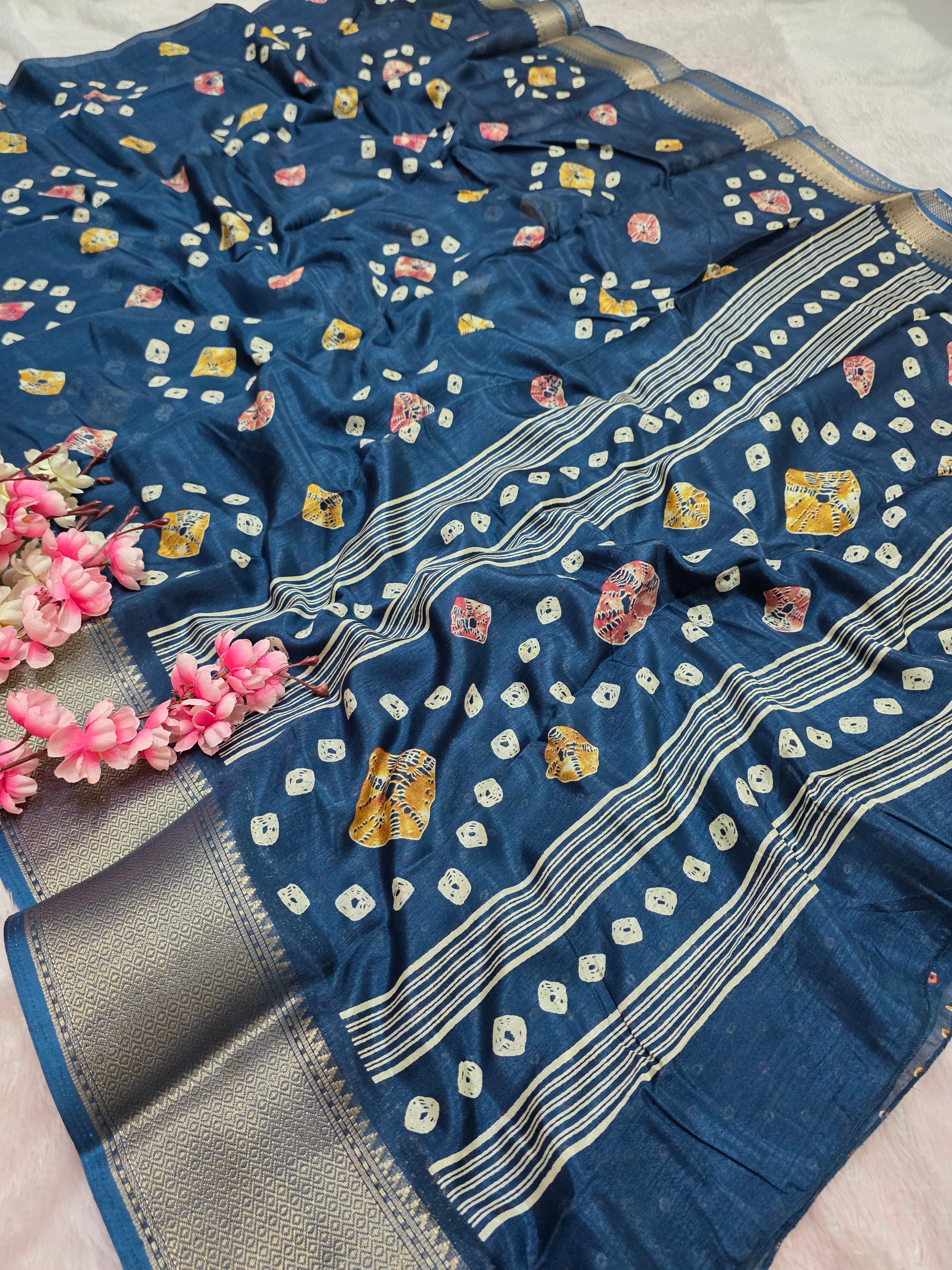 911003 Soft Cotton Silk Shibori Bandhej Print Saree with Banarasi Border - Blue