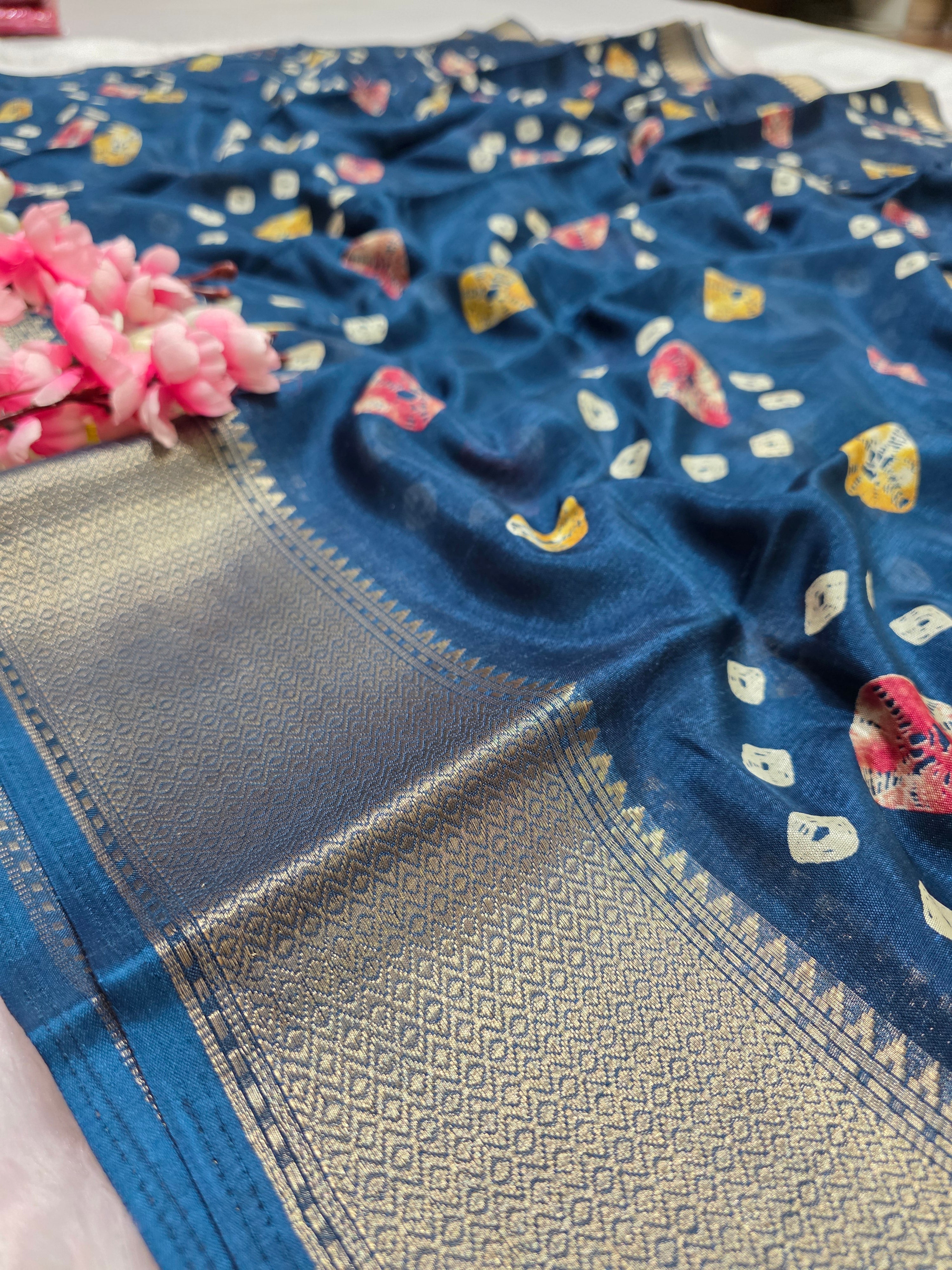 911003 Soft Cotton Silk Shibori Bandhej Print Saree with Banarasi Border - Blue