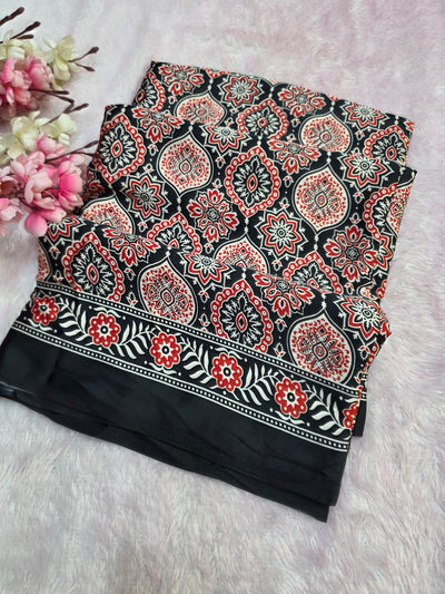 918005 Traditional Ajrakh Print Satin Silk Saree - Black
