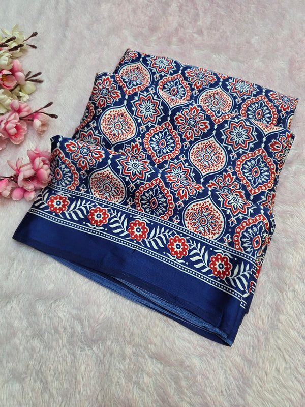 918005 Traditional Ajrakh Print Satin Silk Saree - Blue