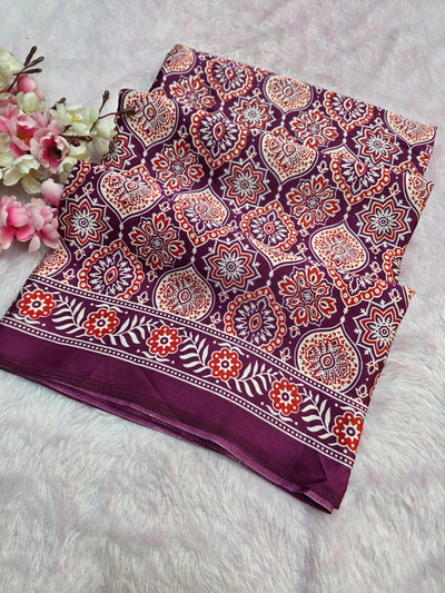 918005 Traditional Ajrakh Print Satin Silk Saree - Wine