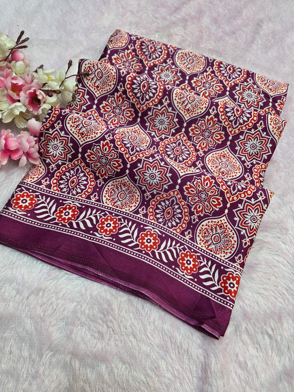 918005 Traditional Ajrakh Print Satin Silk Saree - Wine