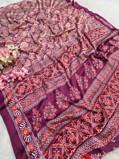 918005 Traditional Ajrakh Print Satin Silk Saree - Wine